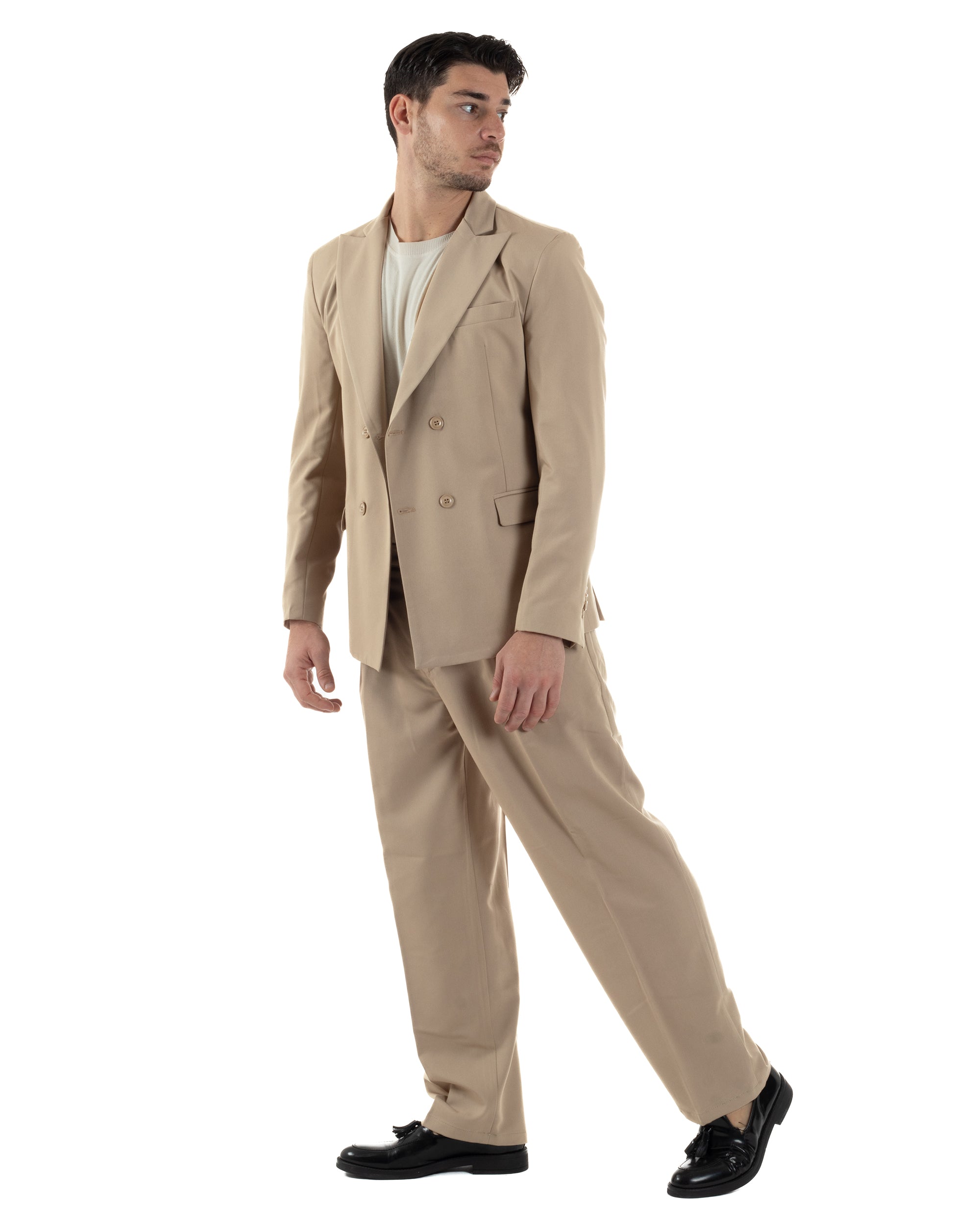 Abito Uomo Doppiopetto Viscosa Relaxed Fit Completo Giacca Rever A Lancia Pantaloni Pinces Fondo Largo Baggy Casual Beige GIOSAL-AE1121A