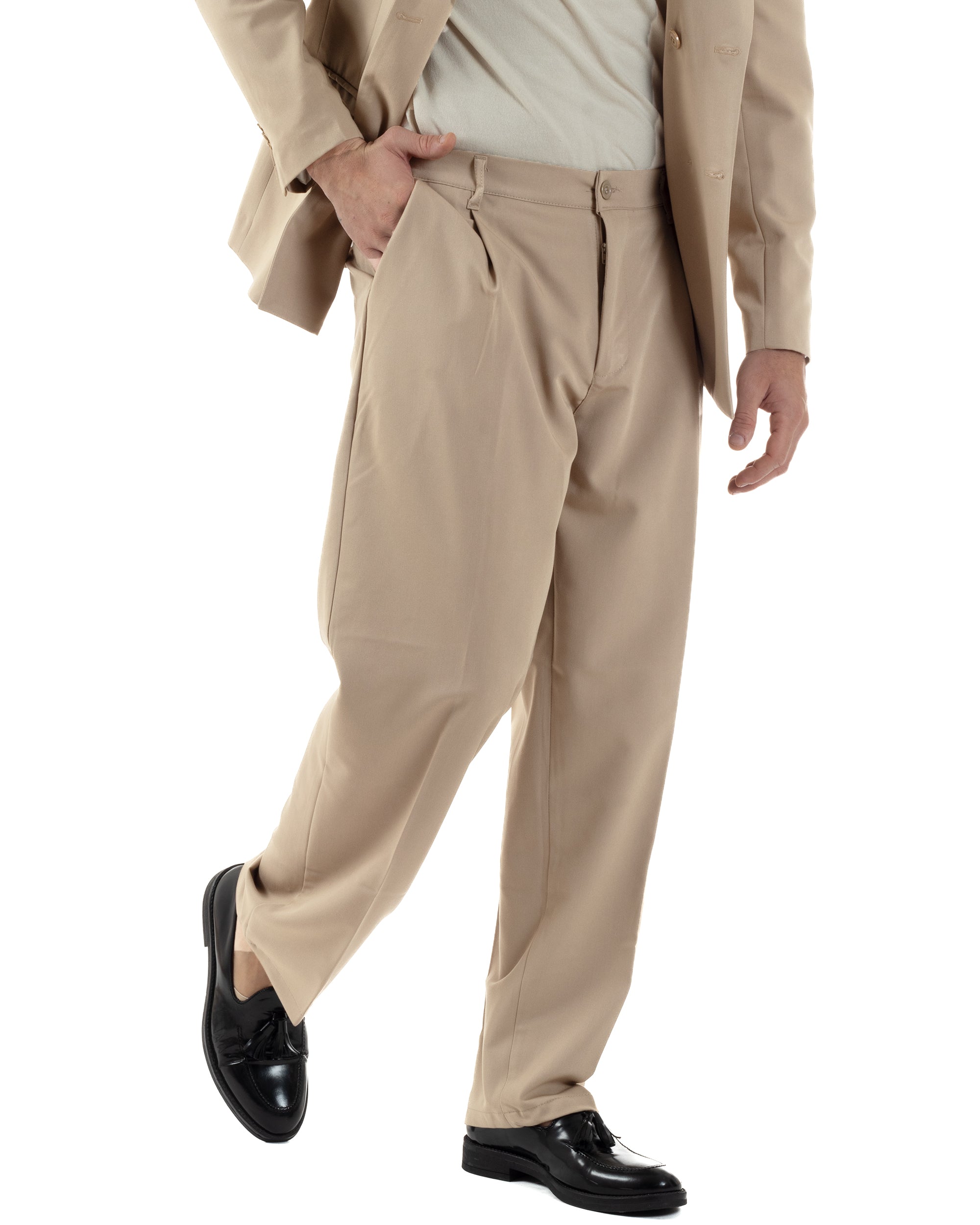 Abito Uomo Doppiopetto Viscosa Relaxed Fit Completo Giacca Rever A Lancia Pantaloni Pinces Fondo Largo Baggy Casual Beige GIOSAL-AE1121A