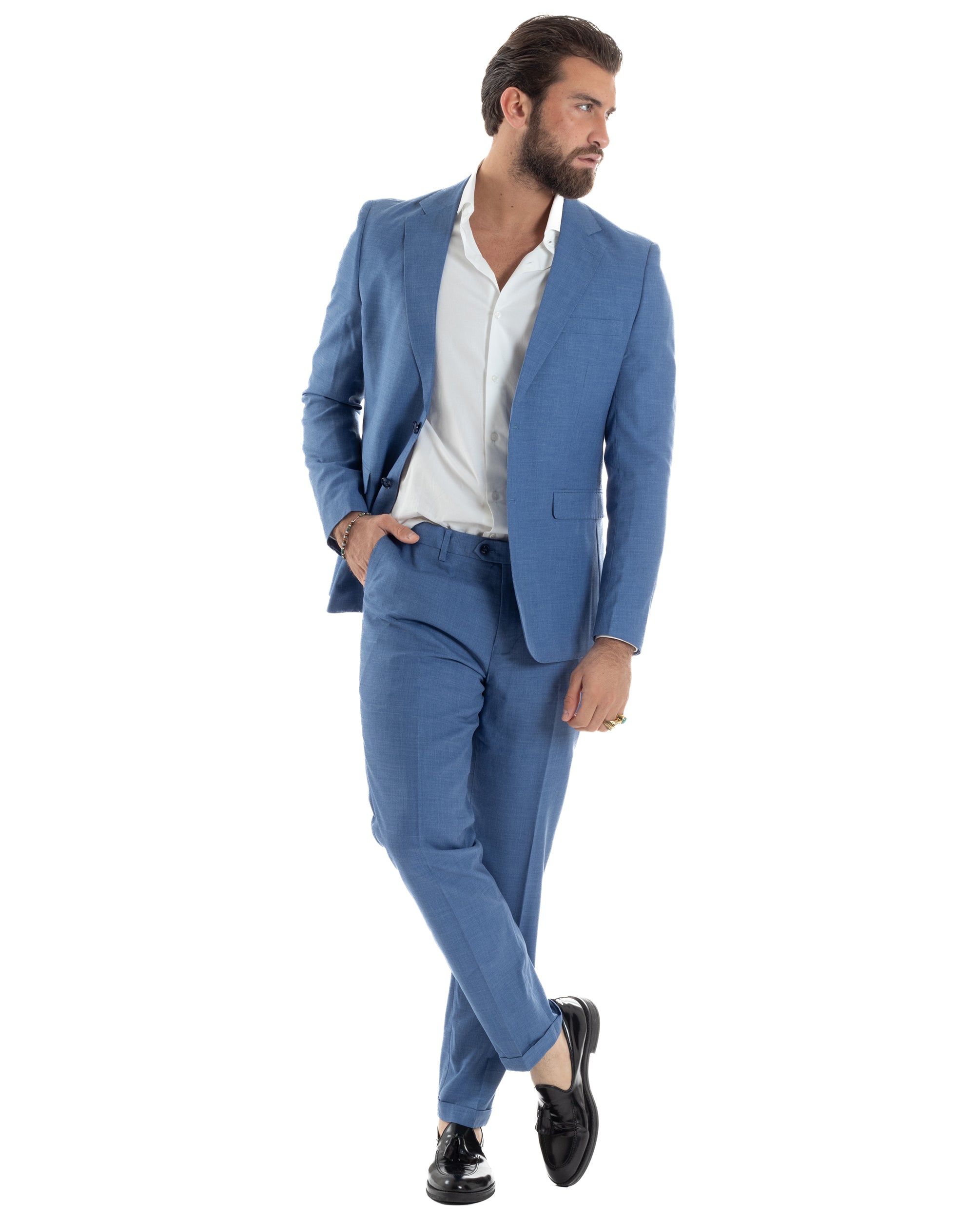 Abito Uomo Monopetto Vestito Viscosa Completo Giacca Pantaloni Blu Chiaro Melangiato AE1126A
