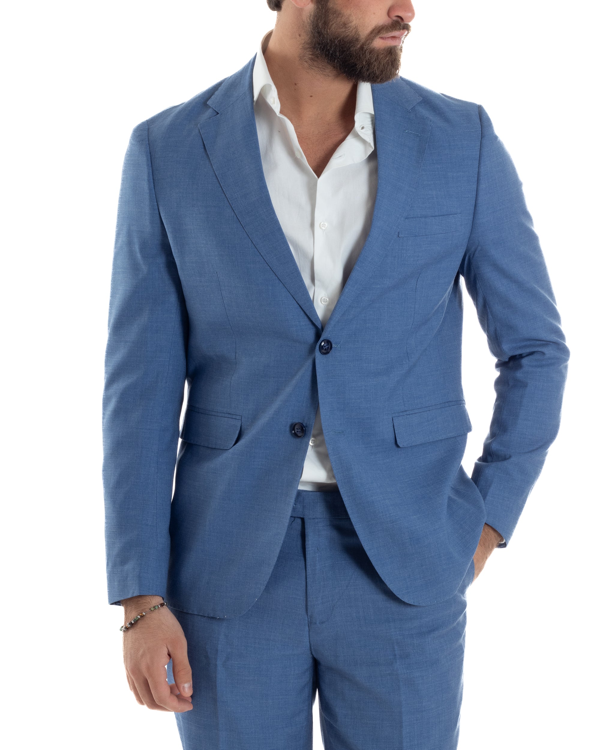 Abito Uomo Monopetto Vestito Completo Giacca Pantaloni Blu Chiaro Elegante Casual GIOSAL-AE1126A