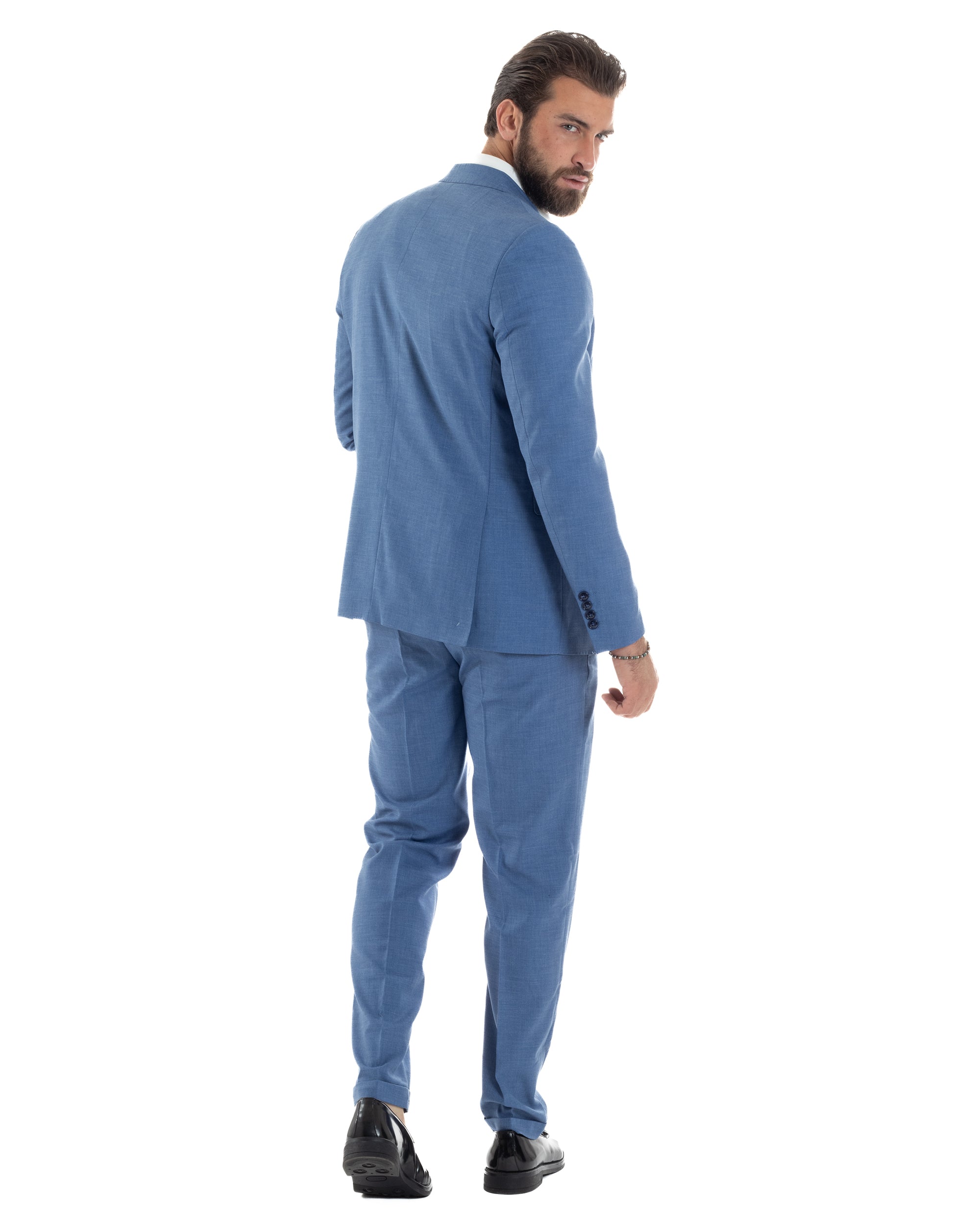 Abito Uomo Monopetto Vestito Viscosa Completo Giacca Pantaloni Blu Chiaro Melangiato AE1126A