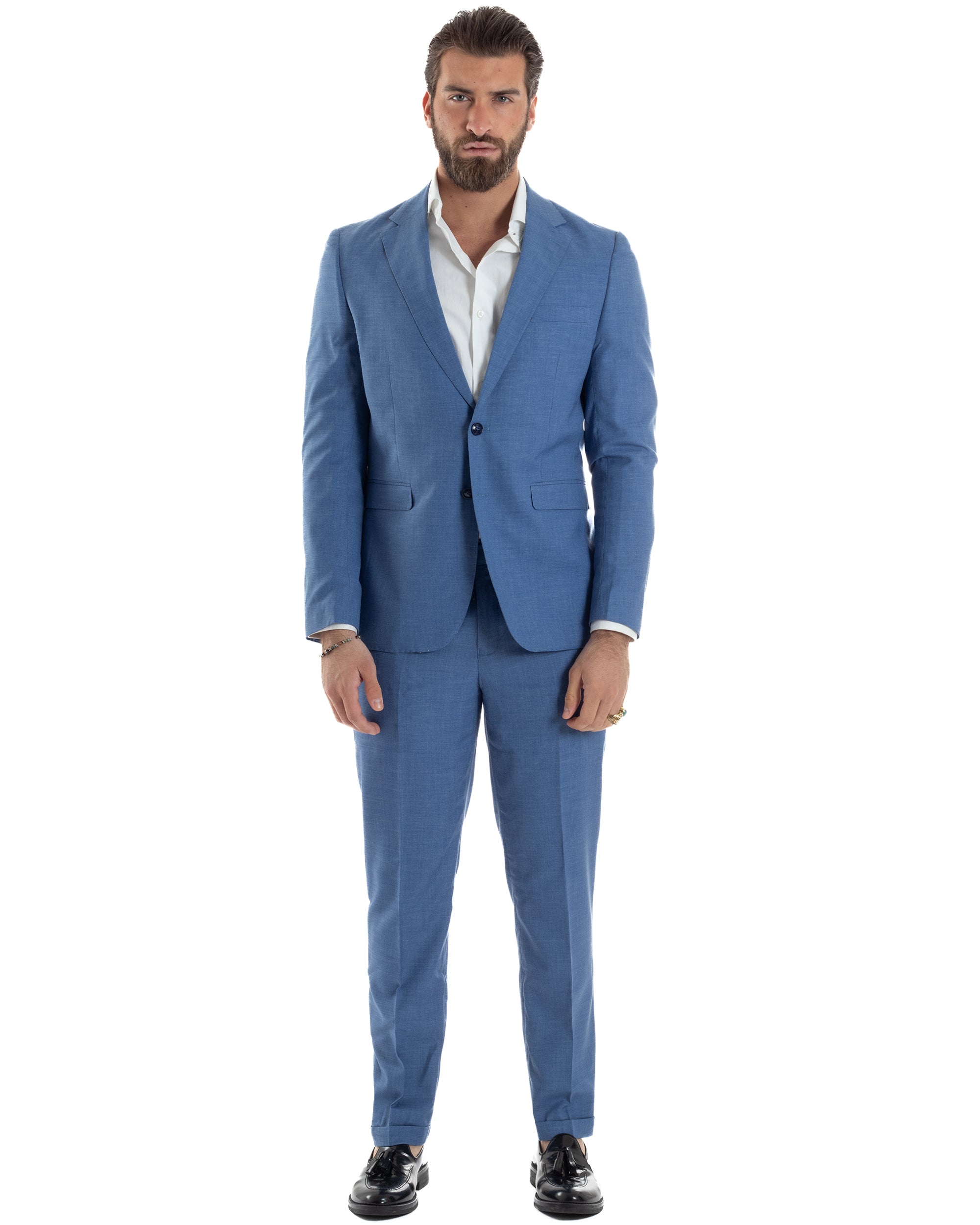 Abito Uomo Monopetto Vestito Viscosa Completo Giacca Pantaloni Blu Chiaro Melangiato AE1126A