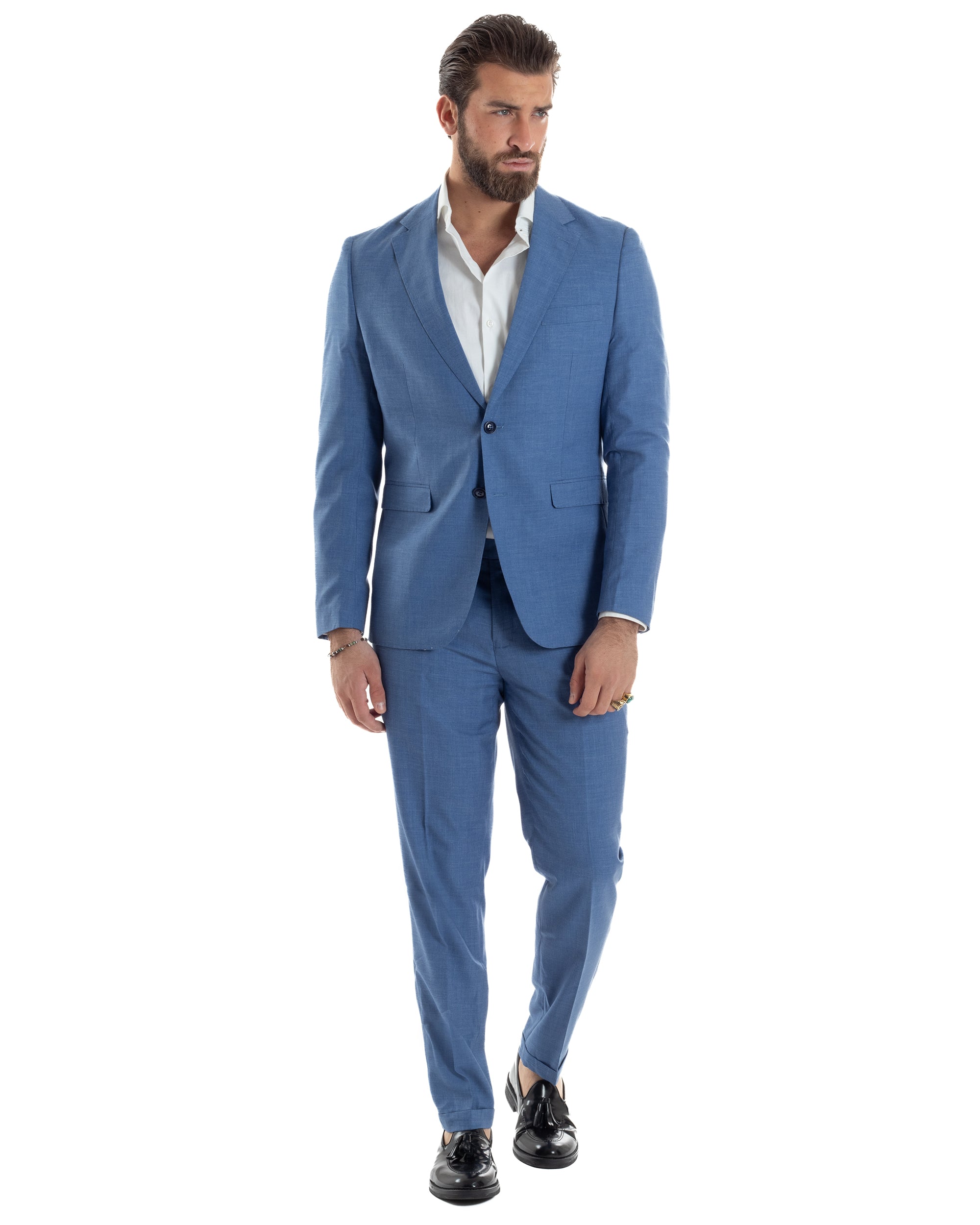 Abito Uomo Monopetto Vestito Completo Giacca Pantaloni Blu Chiaro Elegante Casual GIOSAL-AE1126A