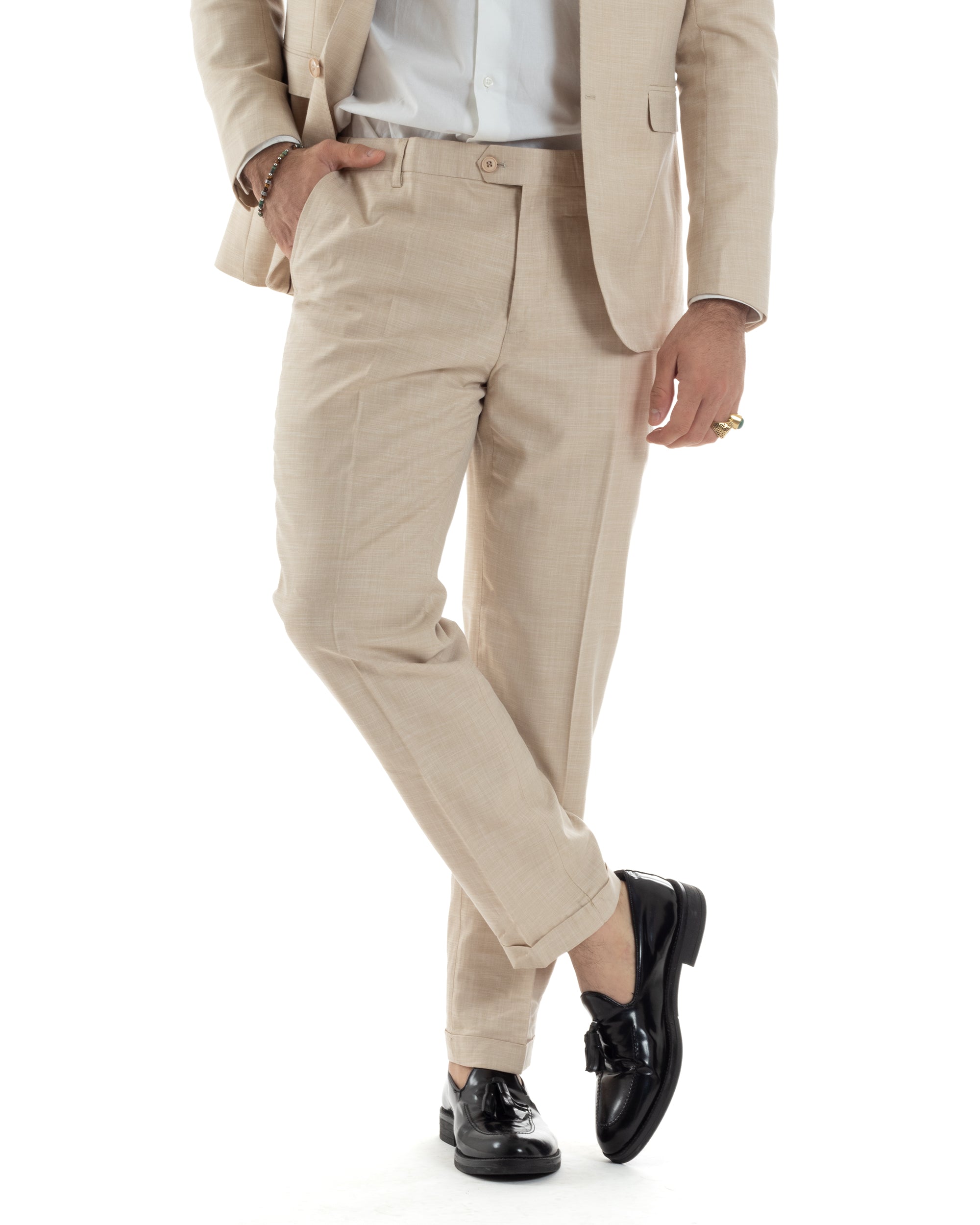 Abito Uomo Monopetto Vestito Viscosa Completo Giacca Pantaloni Beige Melangiato AE1127A