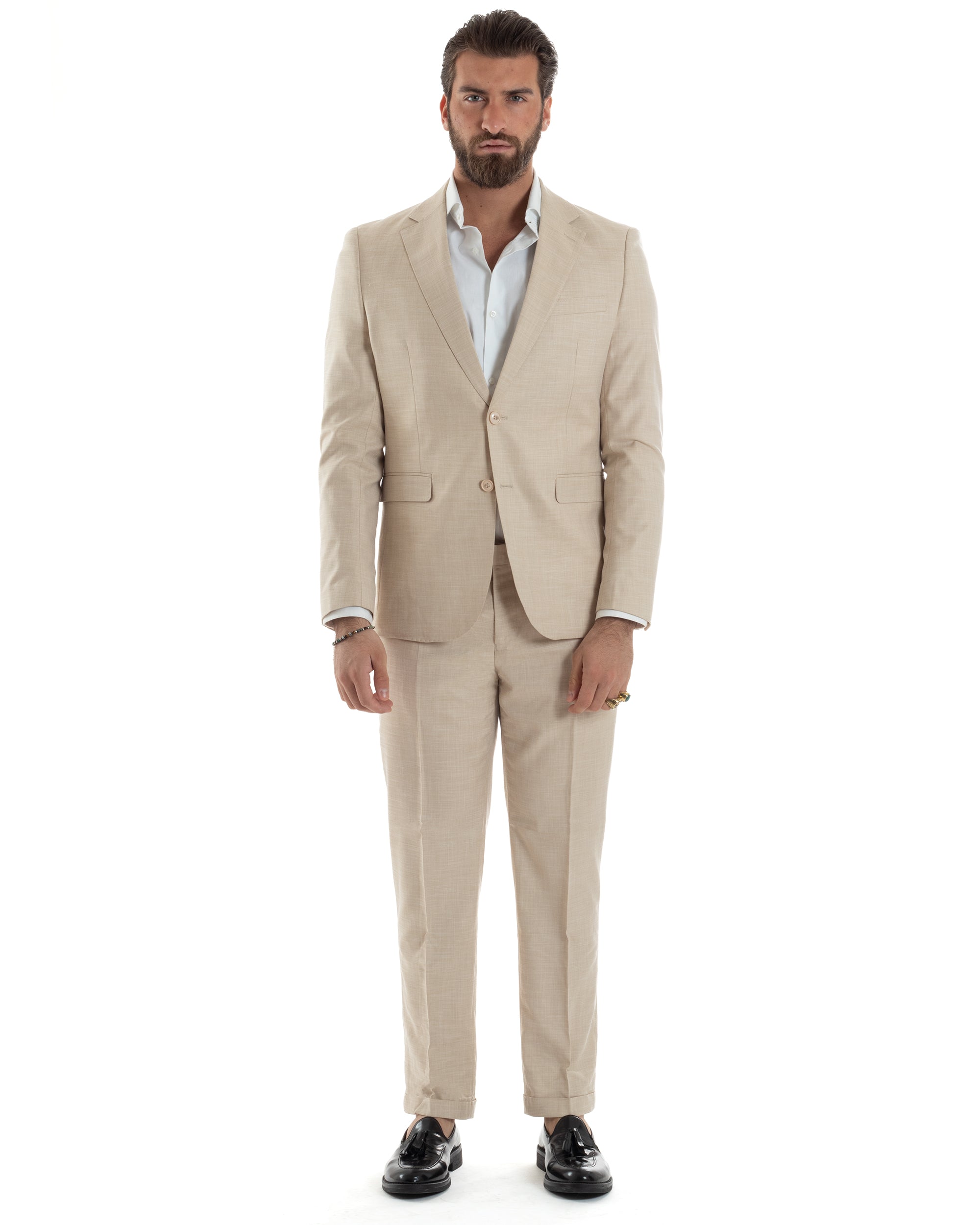 Abito Uomo Monopetto Vestito Viscosa Completo Giacca Pantaloni Beige Melangiato AE1127A