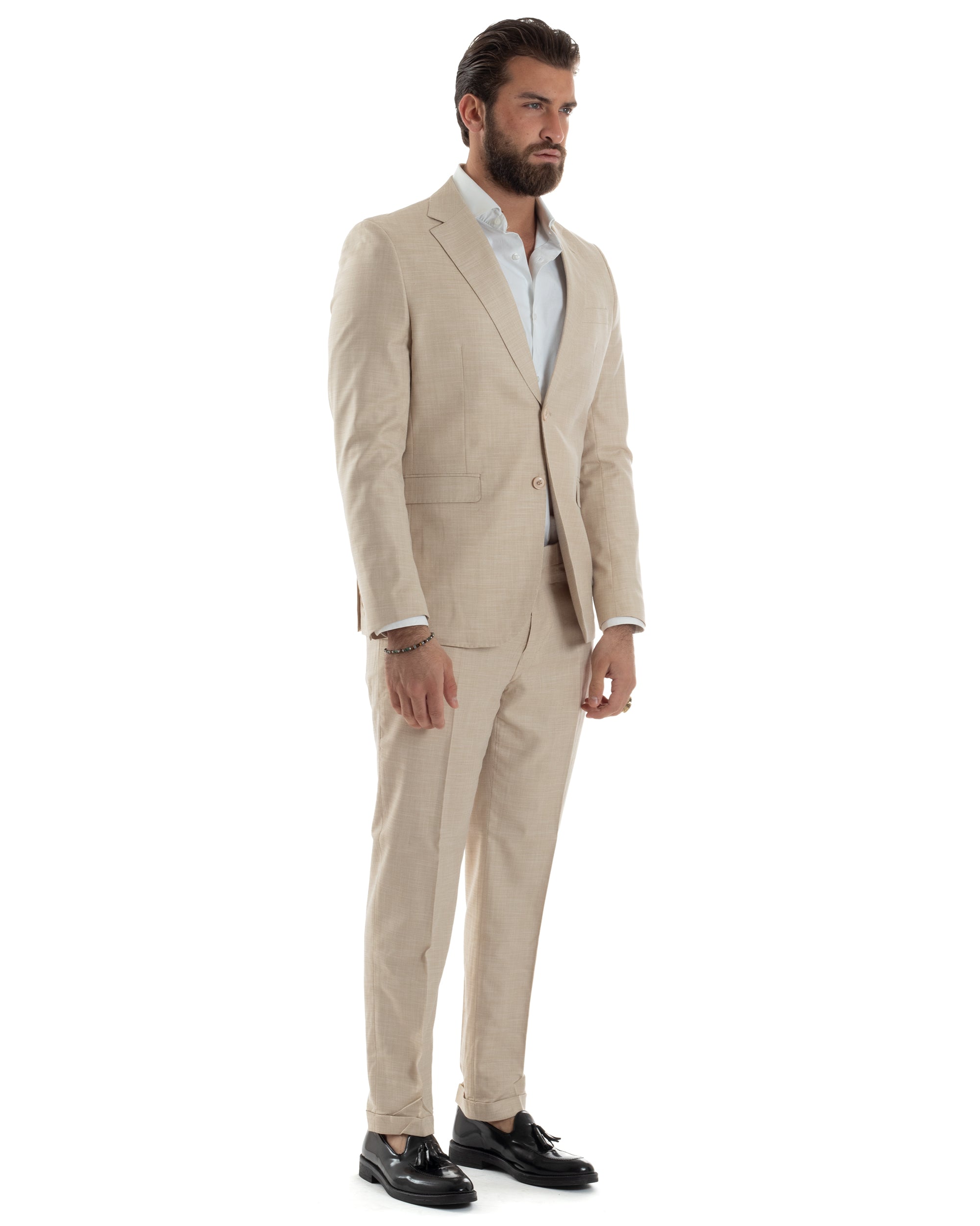 Abito Uomo Monopetto Vestito Viscosa Completo Giacca Pantaloni Beige Melangiato AE1127A