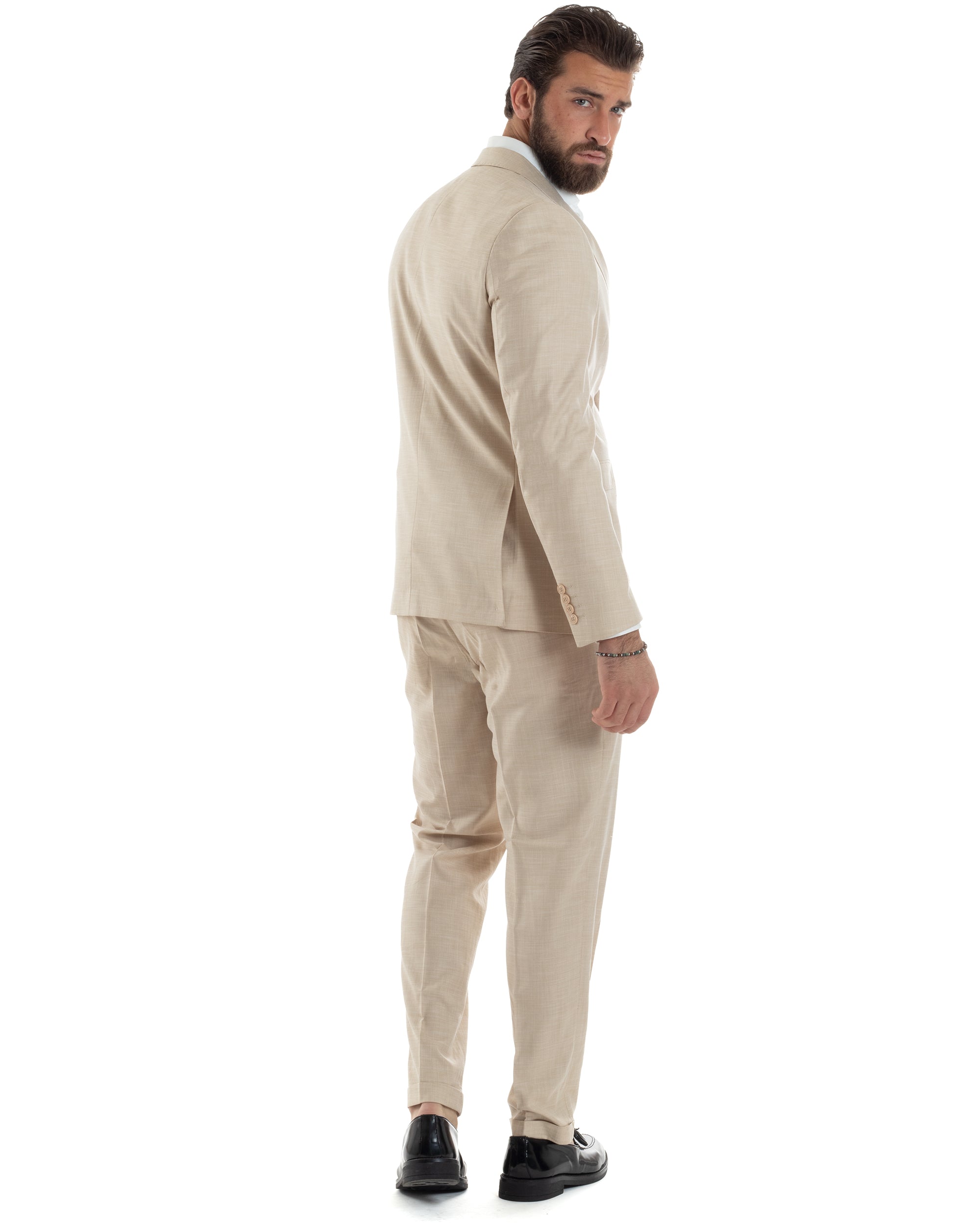 Abito Uomo Monopetto Vestito Viscosa Completo Giacca Pantaloni Beige Melangiato AE1127A