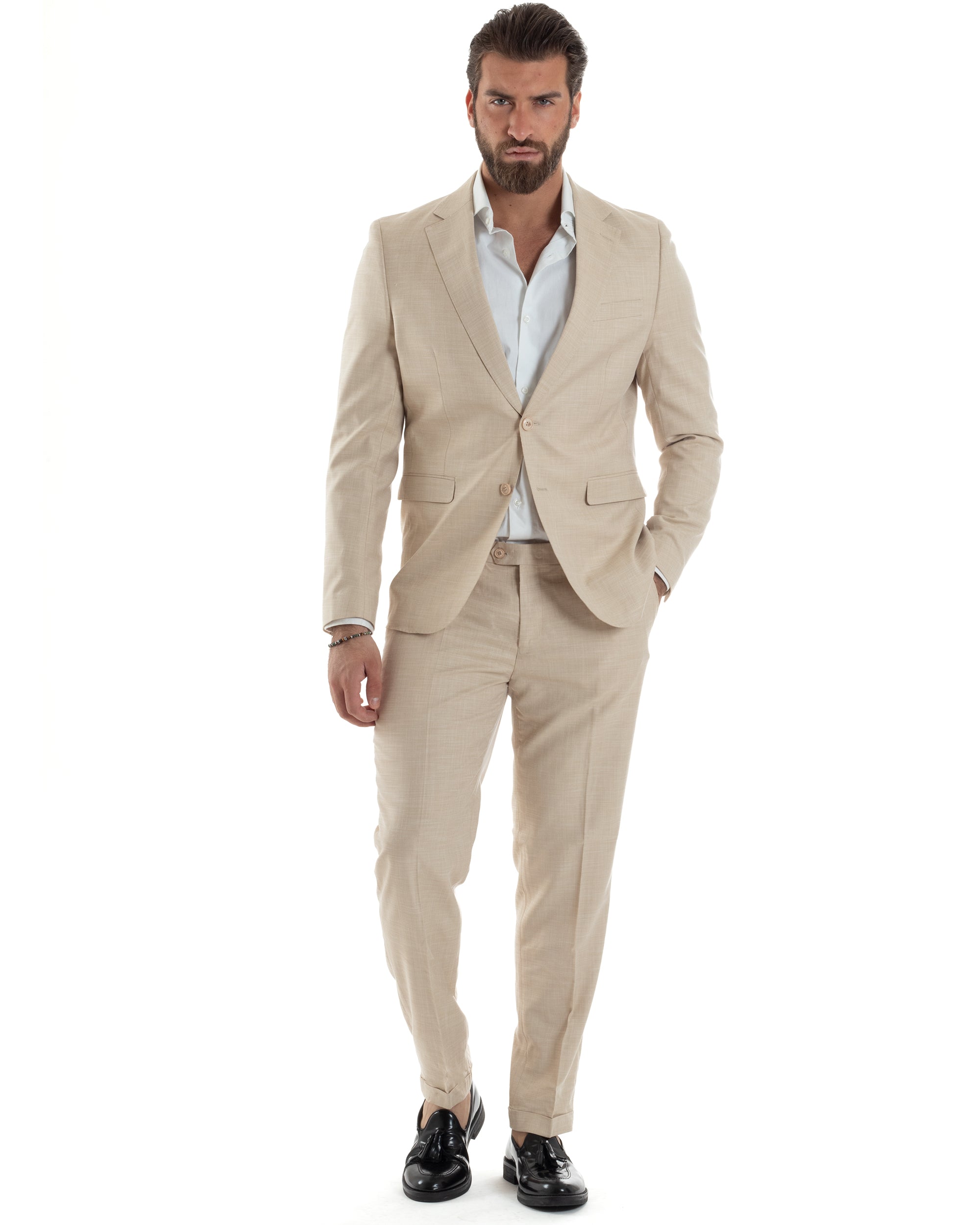 Abito Uomo Monopetto Vestito Completo Giacca Pantaloni Beige Elegante Casual GIOSAL-AE1127A