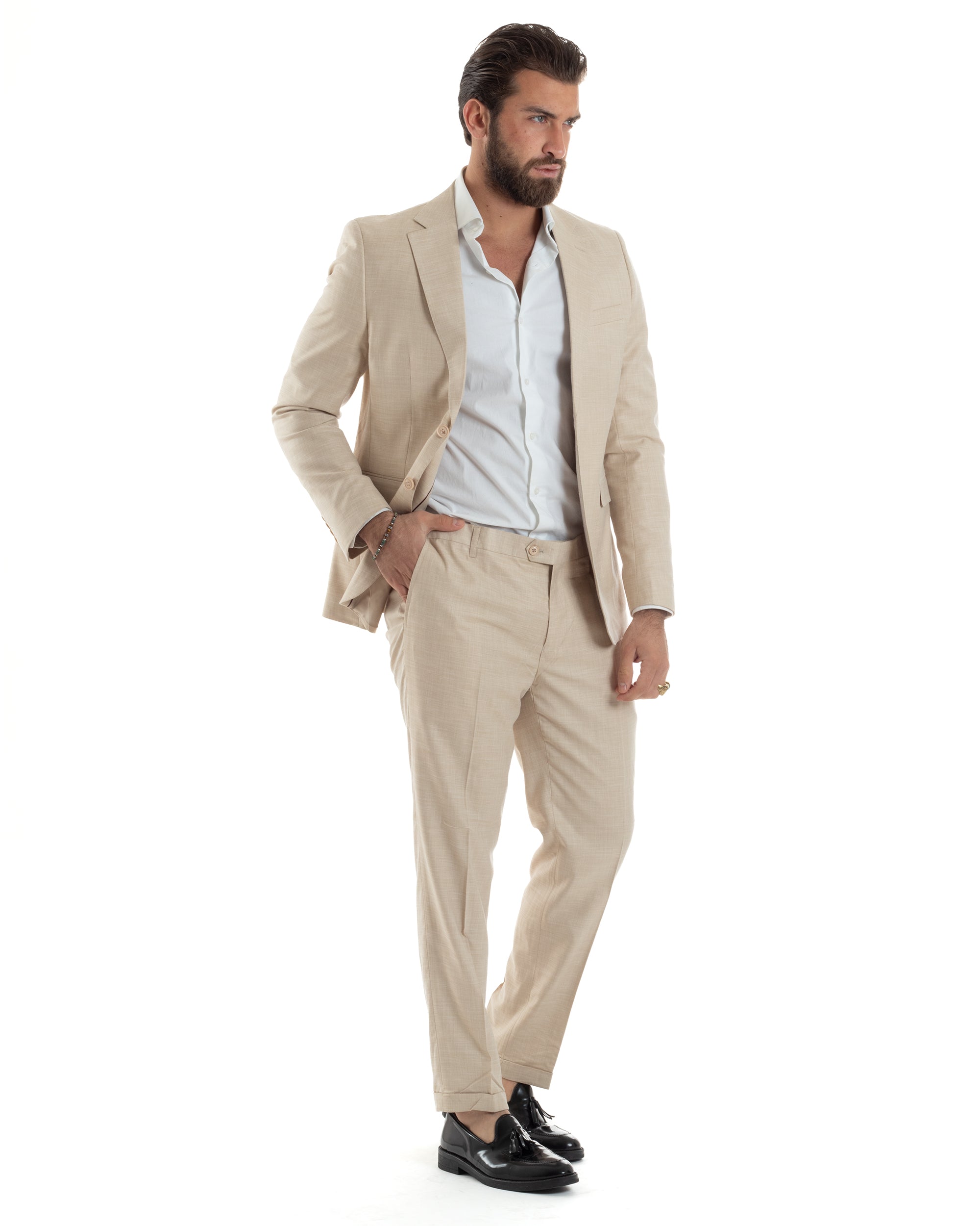 Abito Uomo Monopetto Vestito Viscosa Completo Giacca Pantaloni Beige Melangiato AE1127A