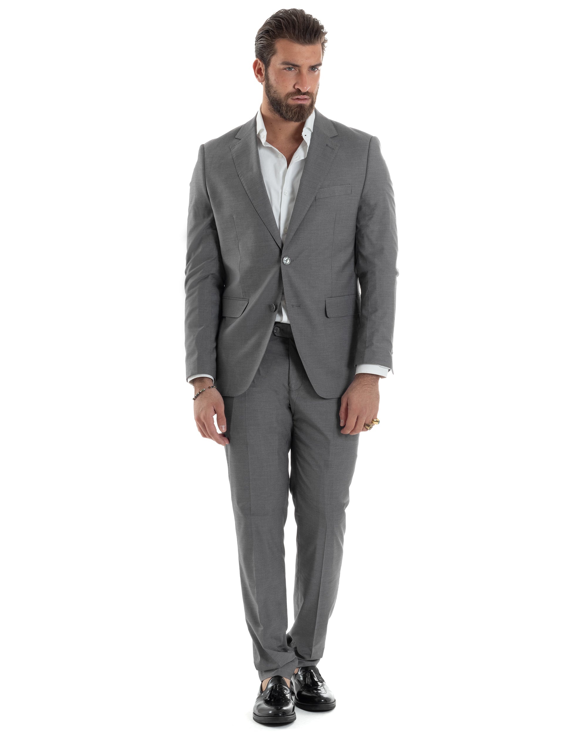 Abito Uomo Monopetto Vestito Viscosa Completo Giacca Pantaloni Elegante Casual Tinta Unita Grigio GIOSAL-AE1128A