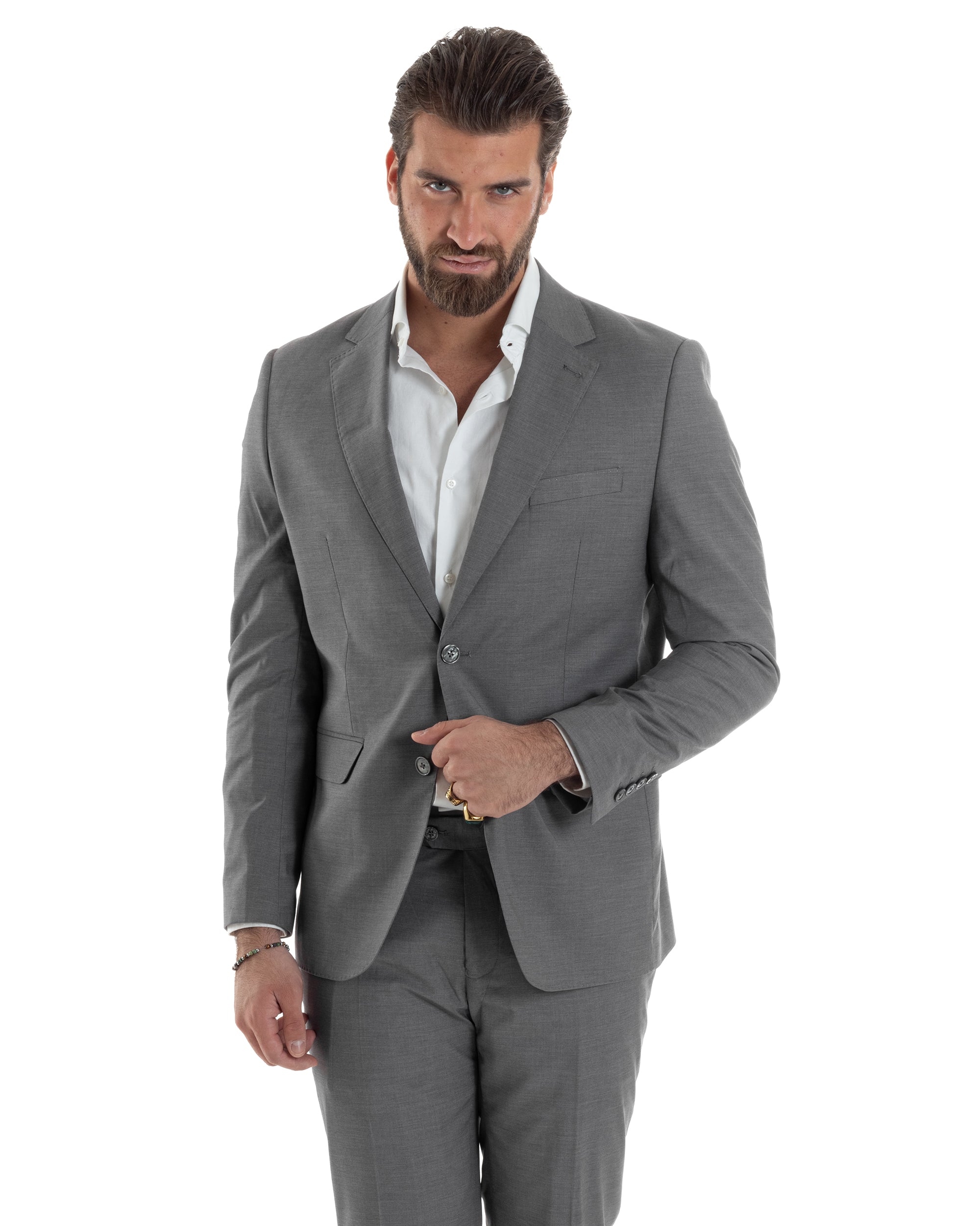 Abito Uomo Monopetto Vestito Viscosa Completo Giacca Pantaloni Elegante Casual Tinta Unita Grigio GIOSAL-AE1128A
