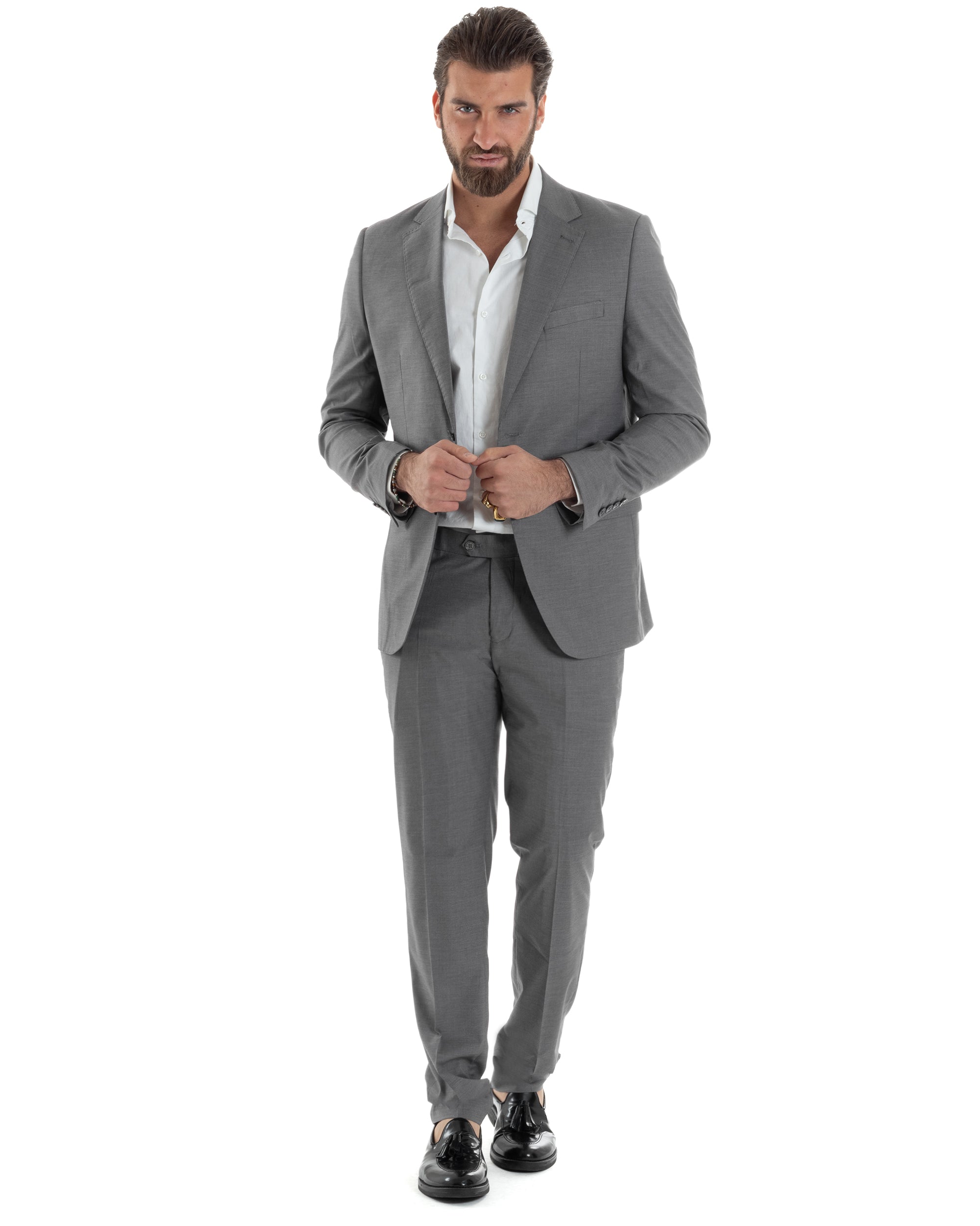 Abito Uomo Monopetto Vestito Viscosa Completo Giacca Pantaloni Elegante Casual Tinta Unita Grigio GIOSAL-AE1128A