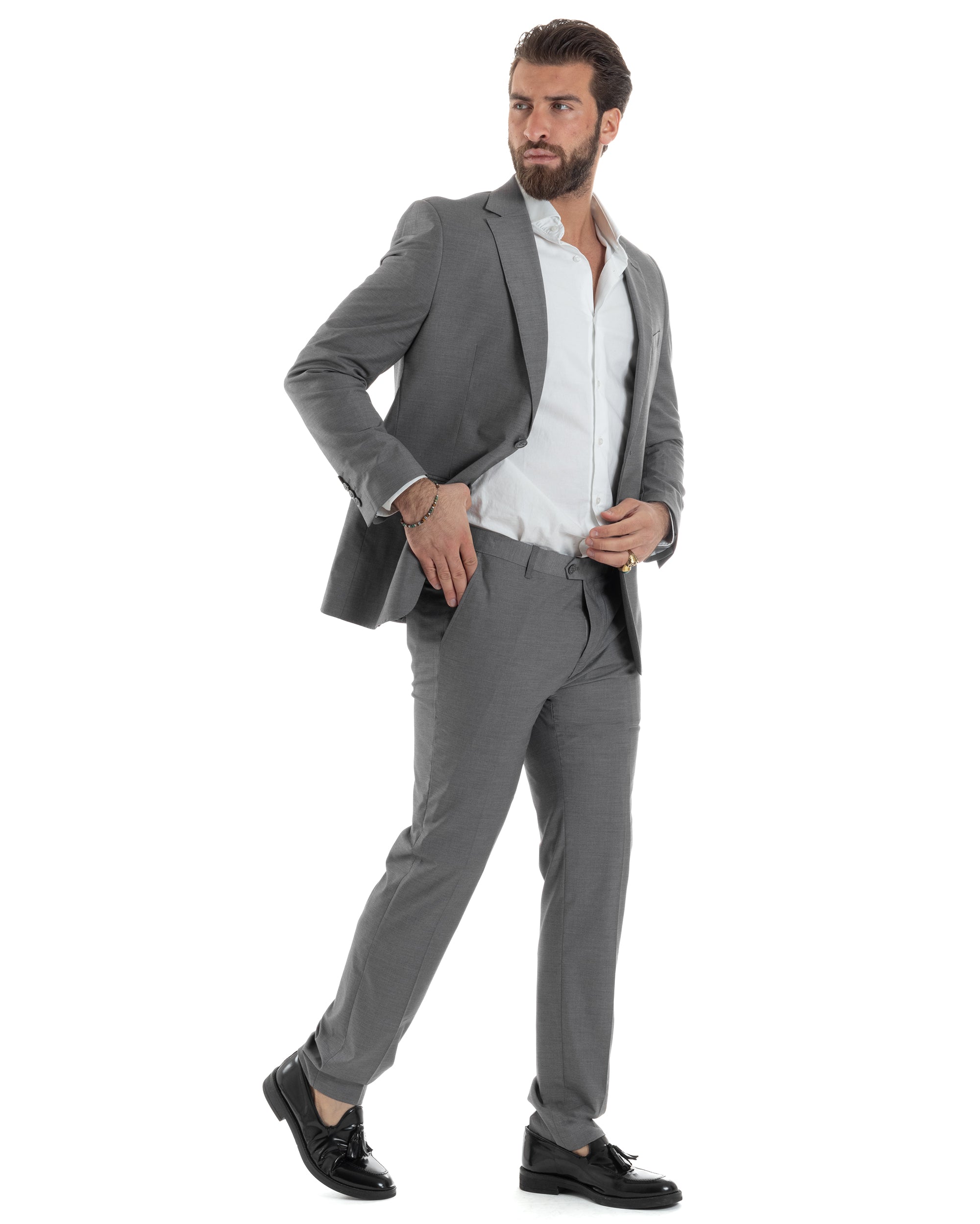Abito Uomo Monopetto Vestito Viscosa Completo Giacca Pantaloni Elegante Casual Tinta Unita Grigio GIOSAL-AE1128A