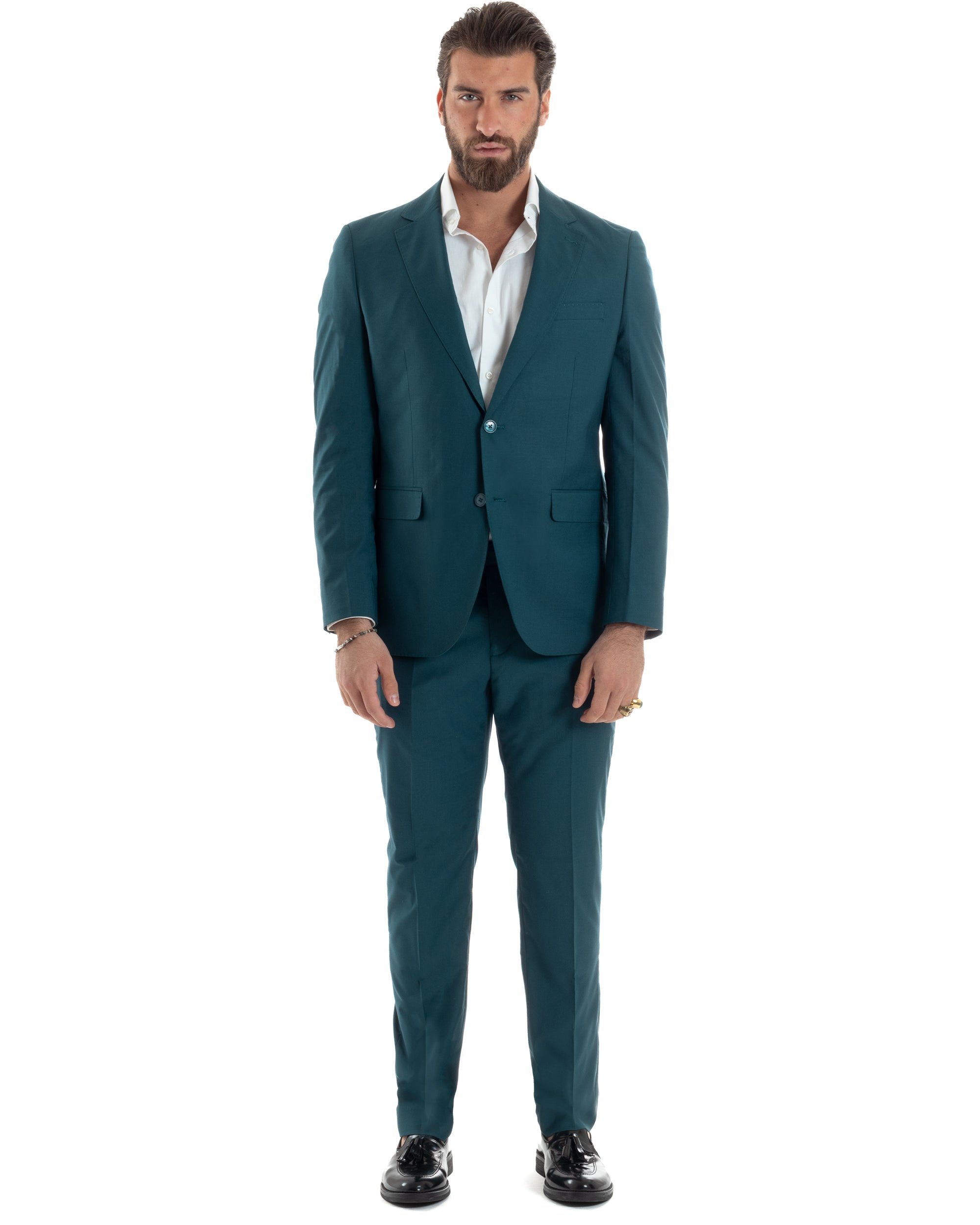 Abito Uomo Monopetto Vestito Viscosa Completo Giacca Pantaloni Elegante Casual Tinta Unita Petrolio GIOSAL-AE1129A