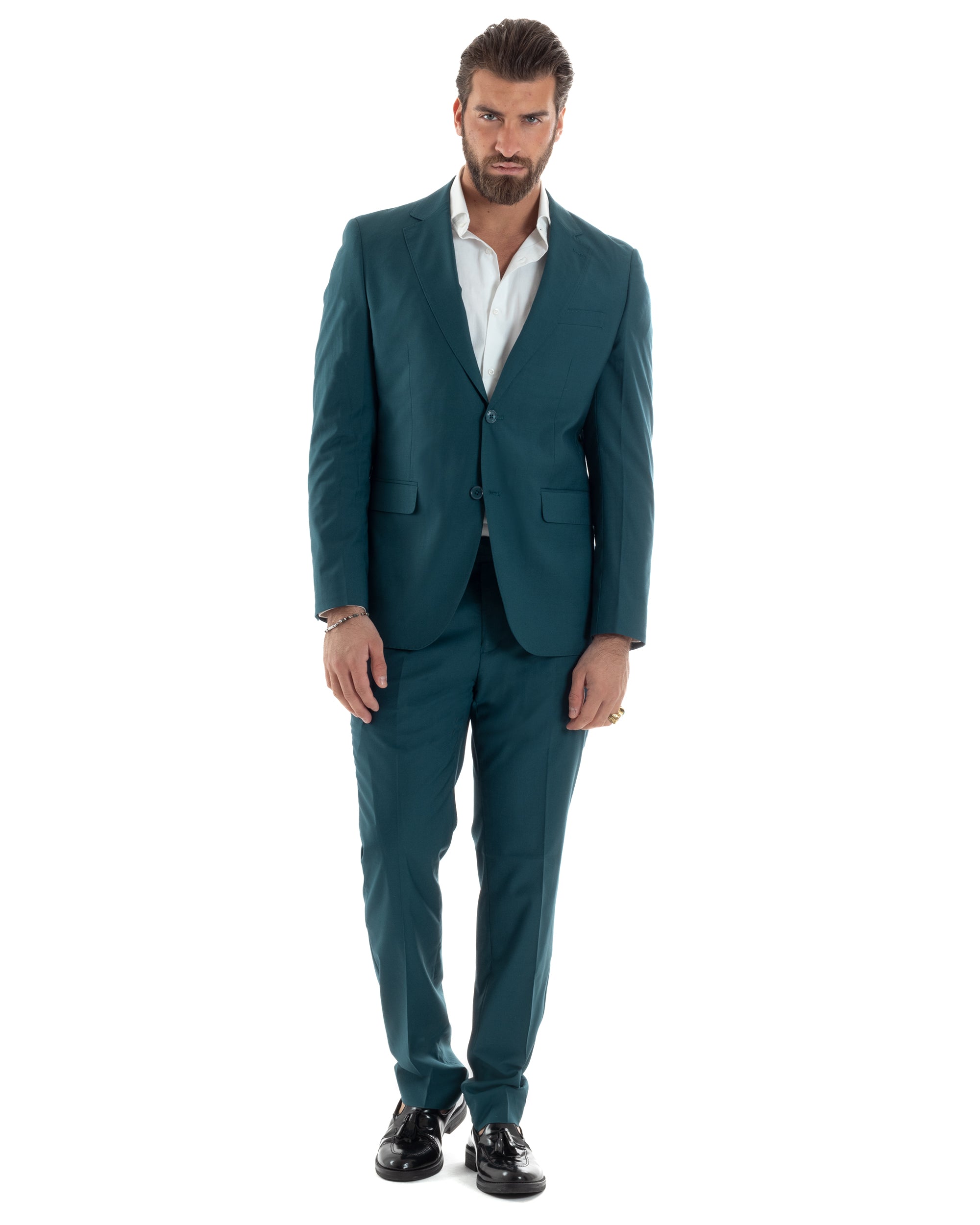 Abito Uomo Monopetto Vestito Viscosa Completo Giacca Pantaloni Elegante Casual Tinta Unita Petrolio GIOSAL-AE1129A