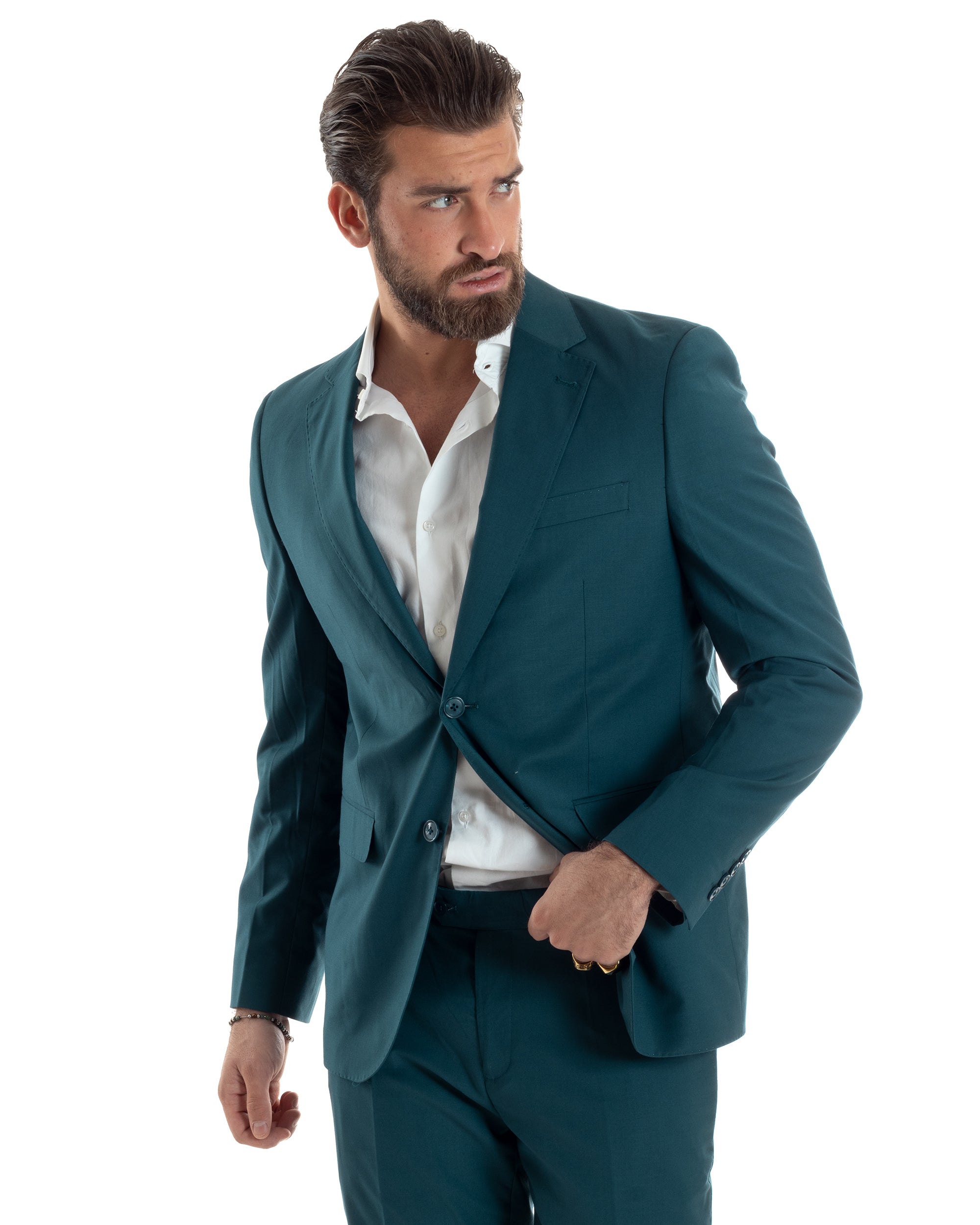 Abito Uomo Monopetto Vestito Viscosa Completo Giacca Pantaloni Elegante Casual Tinta Unita Petrolio GIOSAL-AE1129A