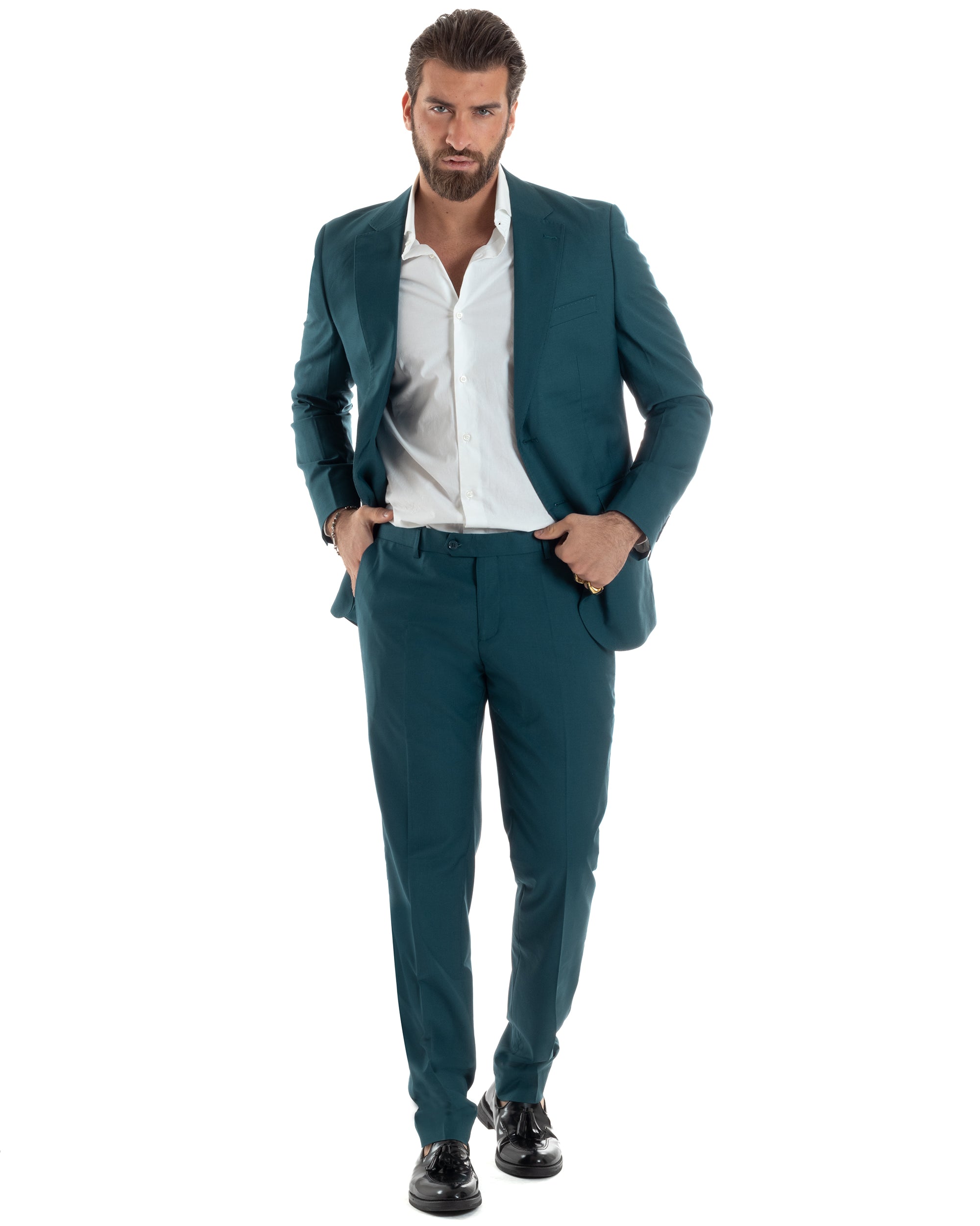 Abito Uomo Monopetto Vestito Viscosa Completo Giacca Pantaloni Elegante Casual Tinta Unita Petrolio GIOSAL-AE1129A