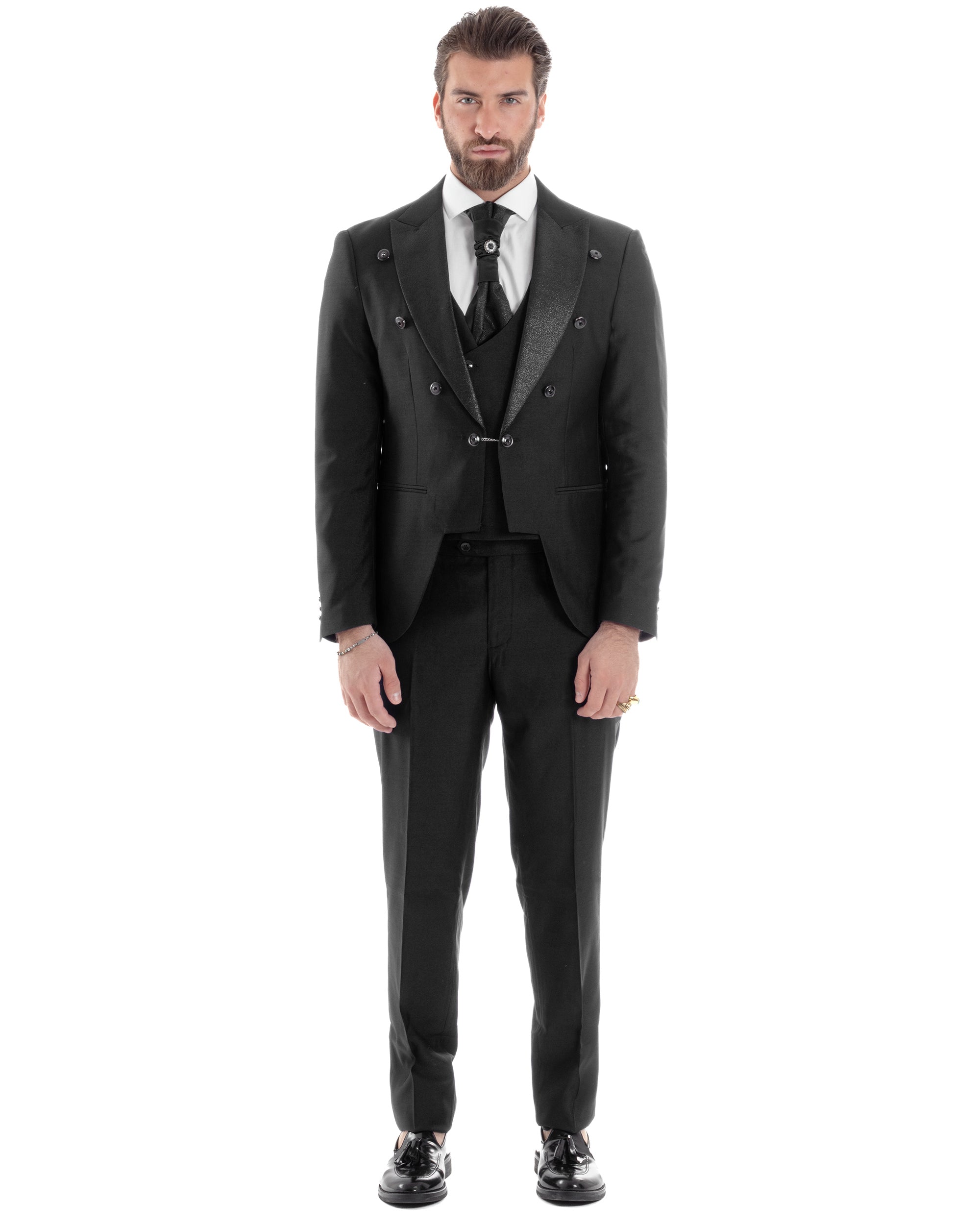 Abito Uomo Monopetto Damascato Vestito 3 Pezzi Completo Sposo Giacca Pantaloni Panciotto Plastron Cerimonia Elegante Sartoriale Nero GIOSAL-AE1130A