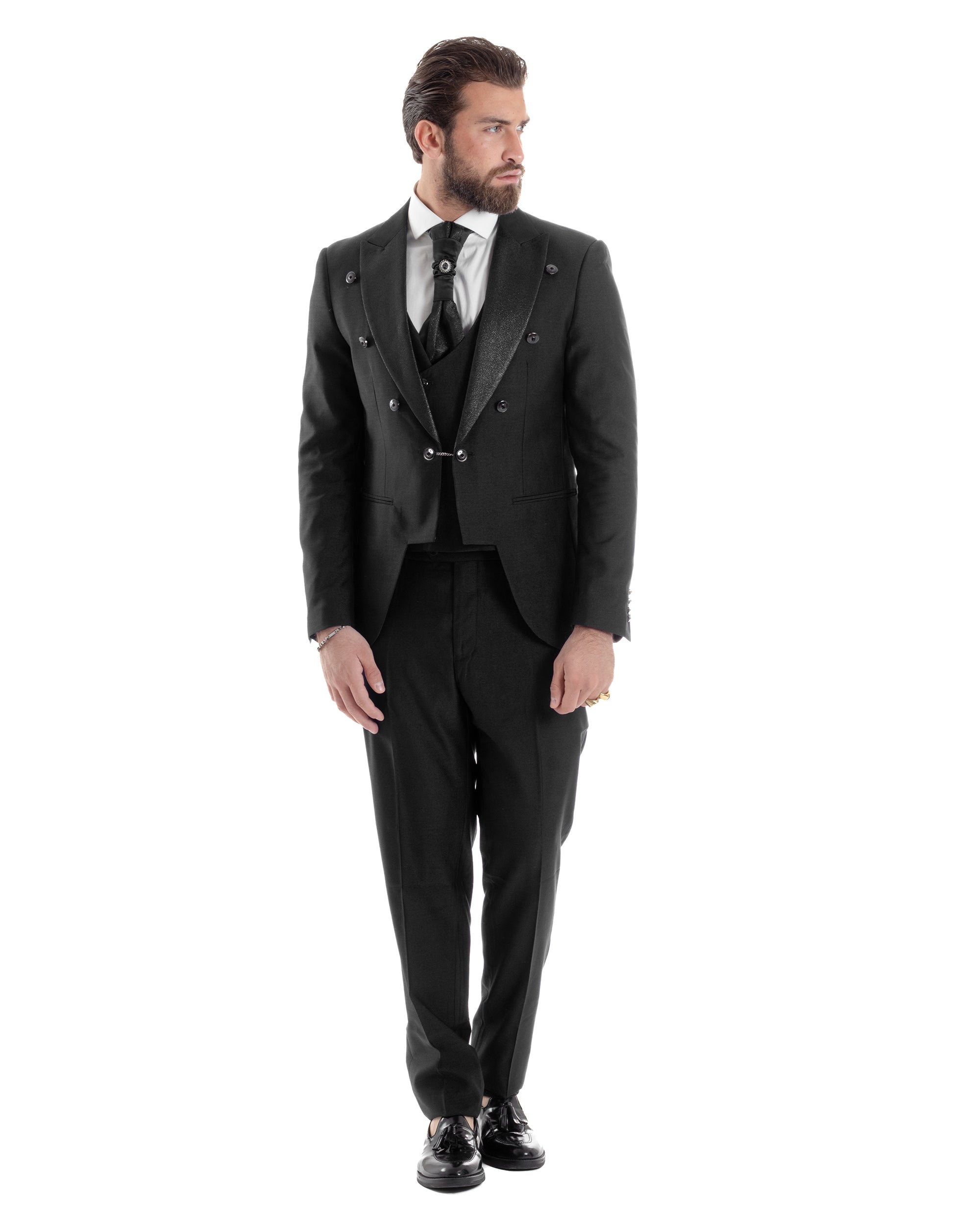 Abito Uomo Monopetto Damascato Vestito 3 Pezzi Completo Sposo Giacca Pantaloni Panciotto Plastron Cerimonia Elegante Sartoriale Nero GIOSAL-AE1130A