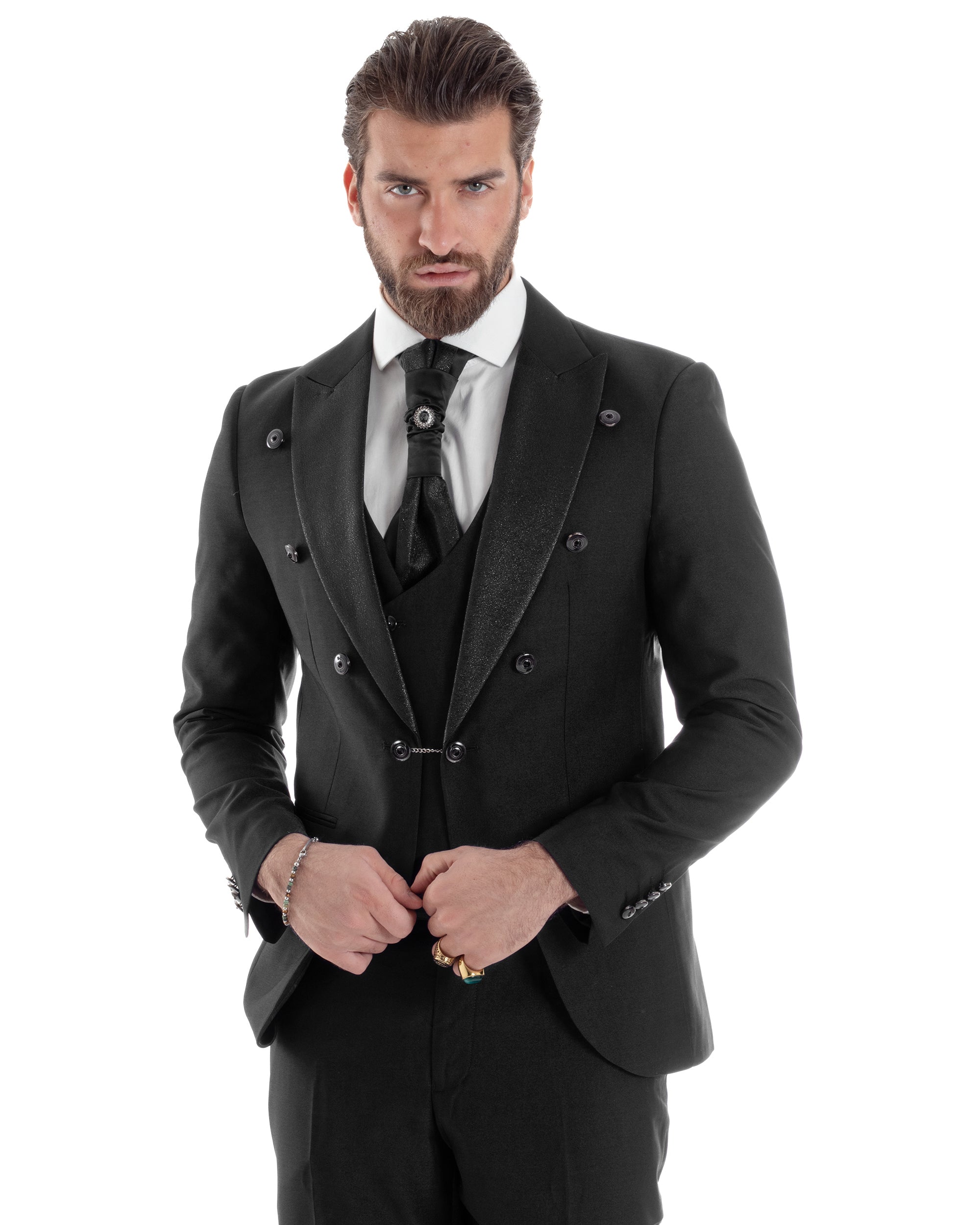 Abito Uomo Monopetto Damascato Vestito 3 Pezzi Completo Sposo Giacca Pantaloni Panciotto Plastron Cerimonia Elegante Sartoriale Nero GIOSAL-AE1130A