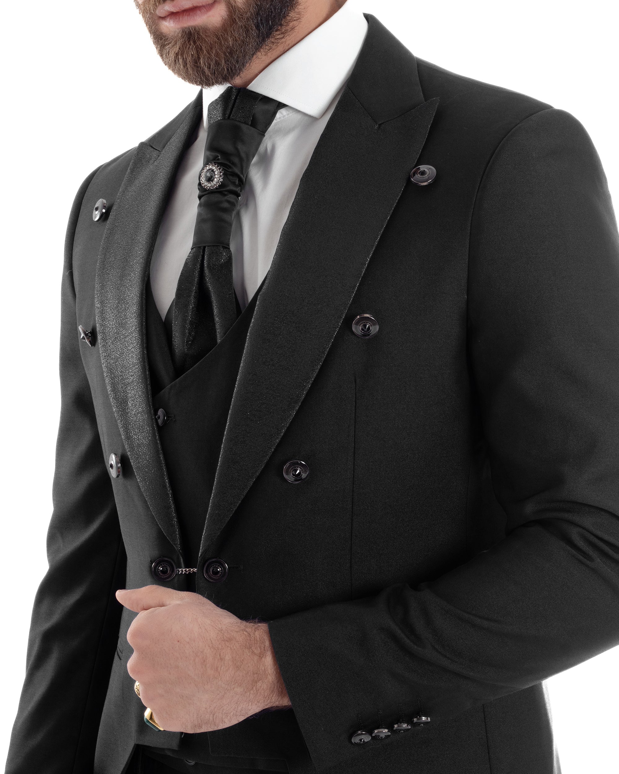 Abito Uomo Monopetto Damascato Vestito 3 Pezzi Completo Sposo Giacca Pantaloni Panciotto Plastron Cerimonia Elegante Sartoriale Nero GIOSAL-AE1130A
