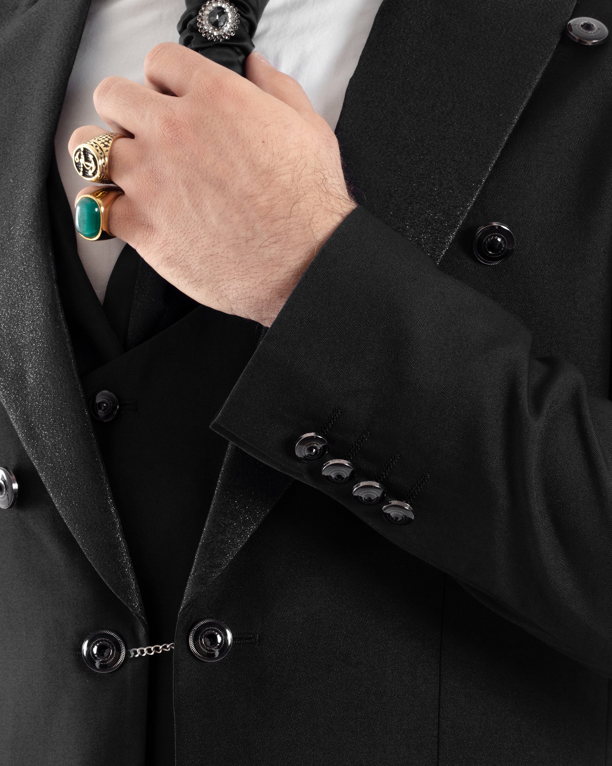 Abito Uomo Monopetto Damascato Vestito 3 Pezzi Completo Sposo Giacca Pantaloni Panciotto Plastron Cerimonia Elegante Sartoriale Nero GIOSAL-AE1130A