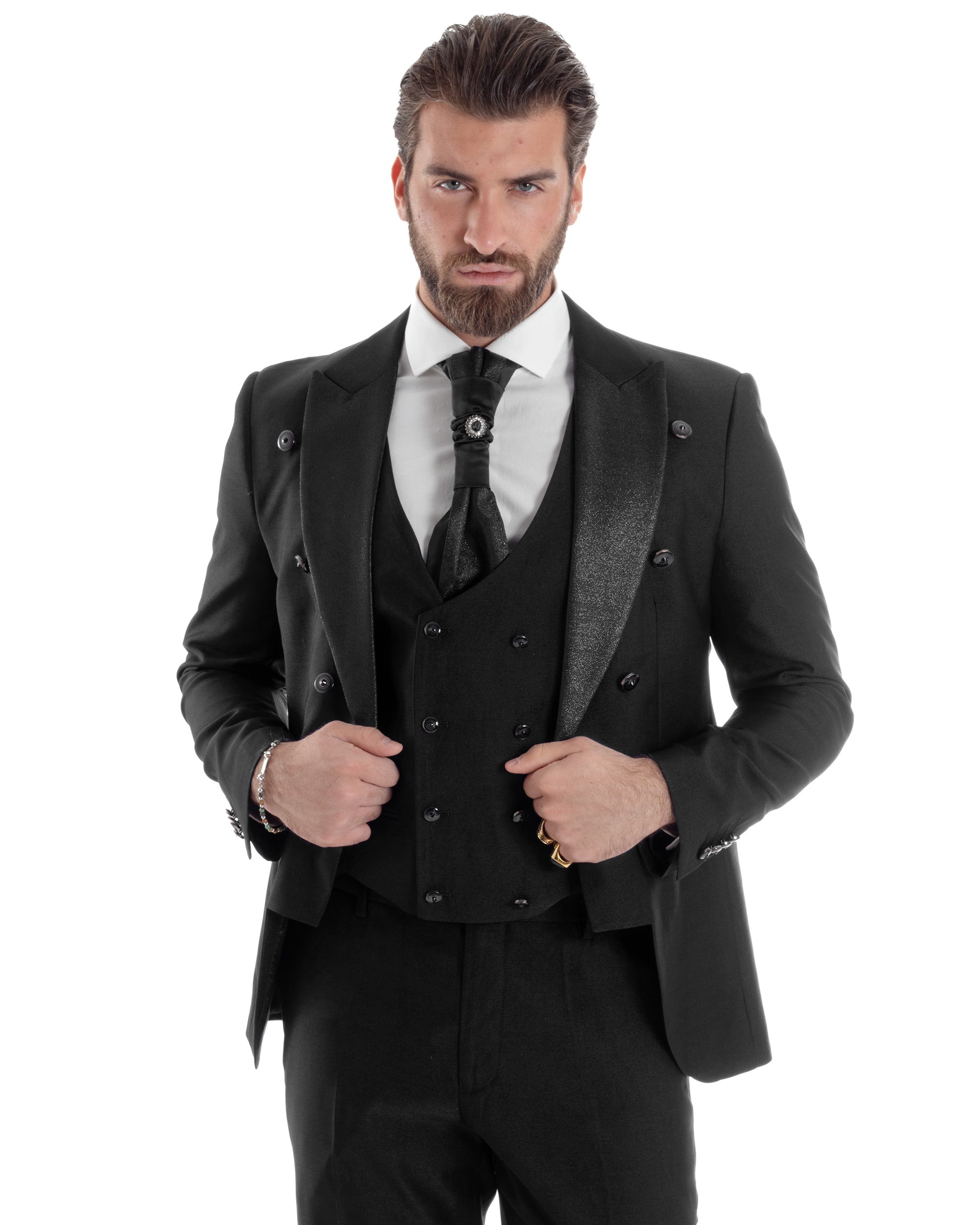 Abito Uomo Monopetto Damascato Vestito 3 Pezzi Completo Sposo Giacca Pantaloni Panciotto Plastron Cerimonia Elegante Sartoriale Nero GIOSAL-AE1130A