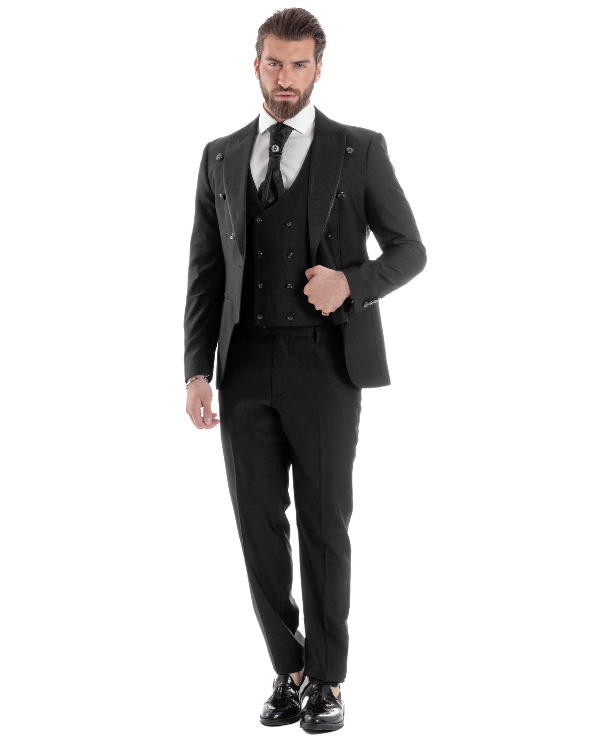 Abito Uomo Monopetto Damascato Vestito 3 Pezzi Completo Sposo Giacca Pantaloni Panciotto Plastron Cerimonia Elegante Sartoriale Nero GIOSAL-AE1130A