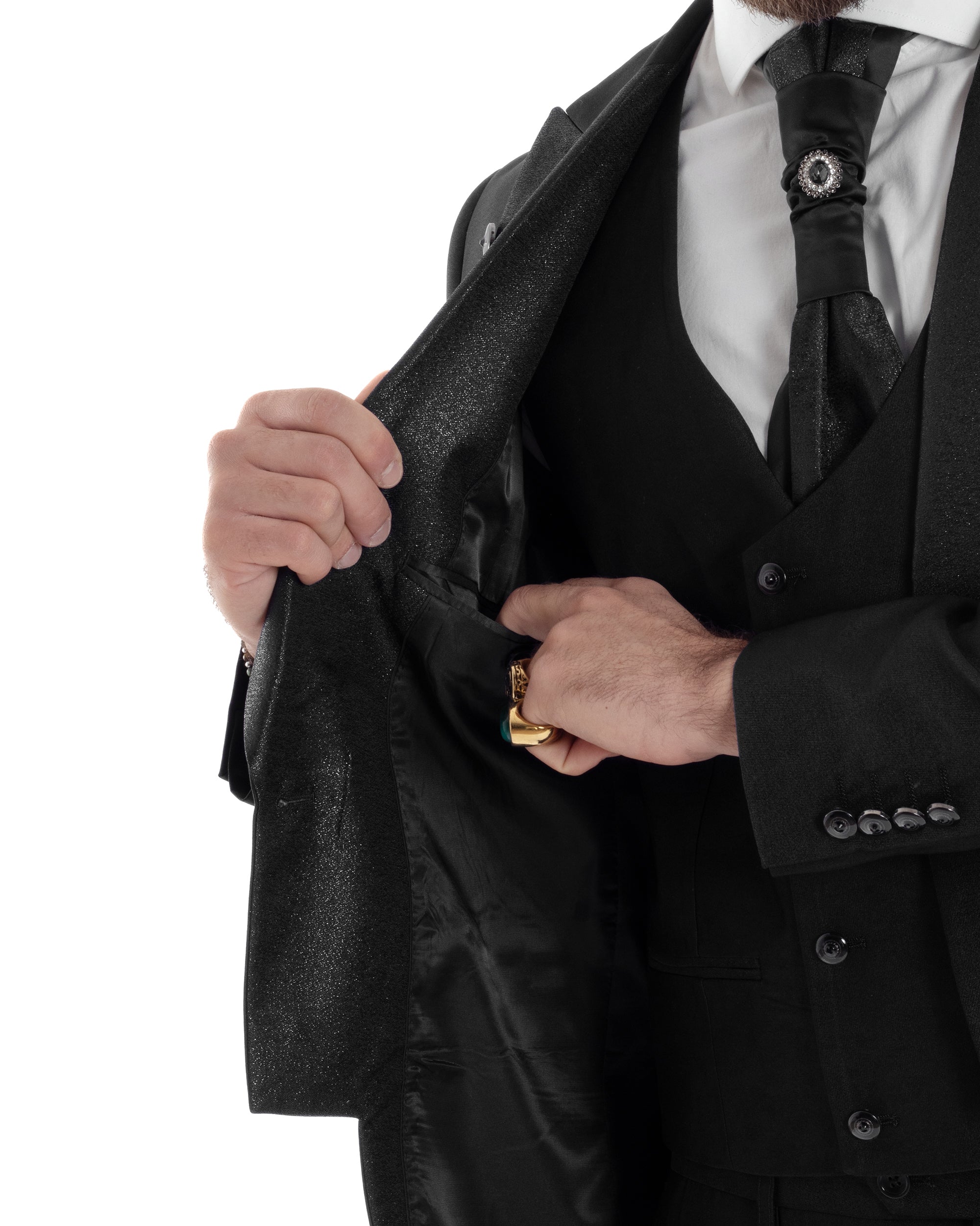 Abito Uomo Monopetto Damascato Vestito 3 Pezzi Completo Sposo Giacca Pantaloni Panciotto Plastron Cerimonia Elegante Sartoriale Nero GIOSAL-AE1130A