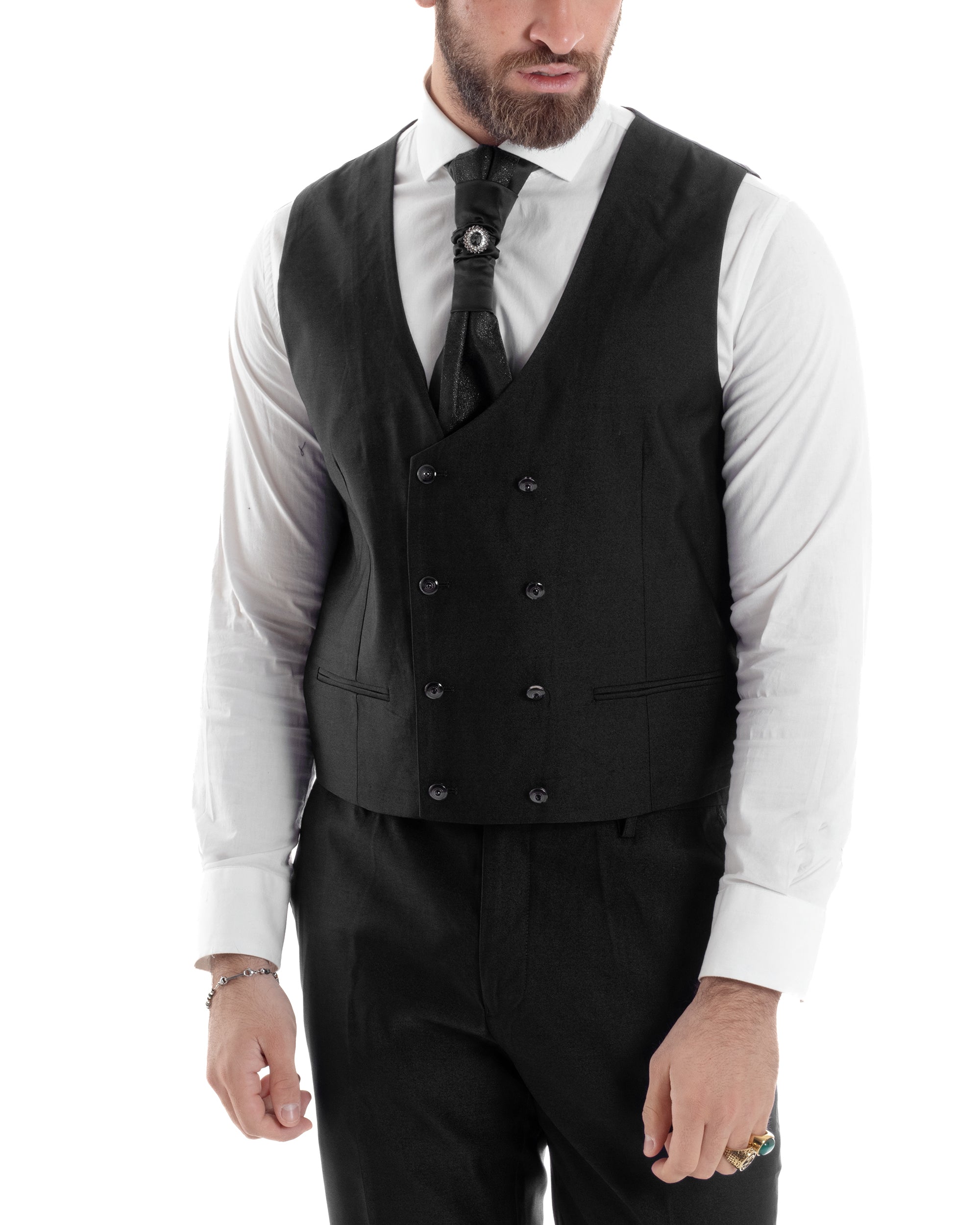 Abito Uomo Monopetto Damascato Vestito 3 Pezzi Completo Sposo Giacca Pantaloni Panciotto Plastron Cerimonia Elegante Sartoriale Nero GIOSAL-AE1130A