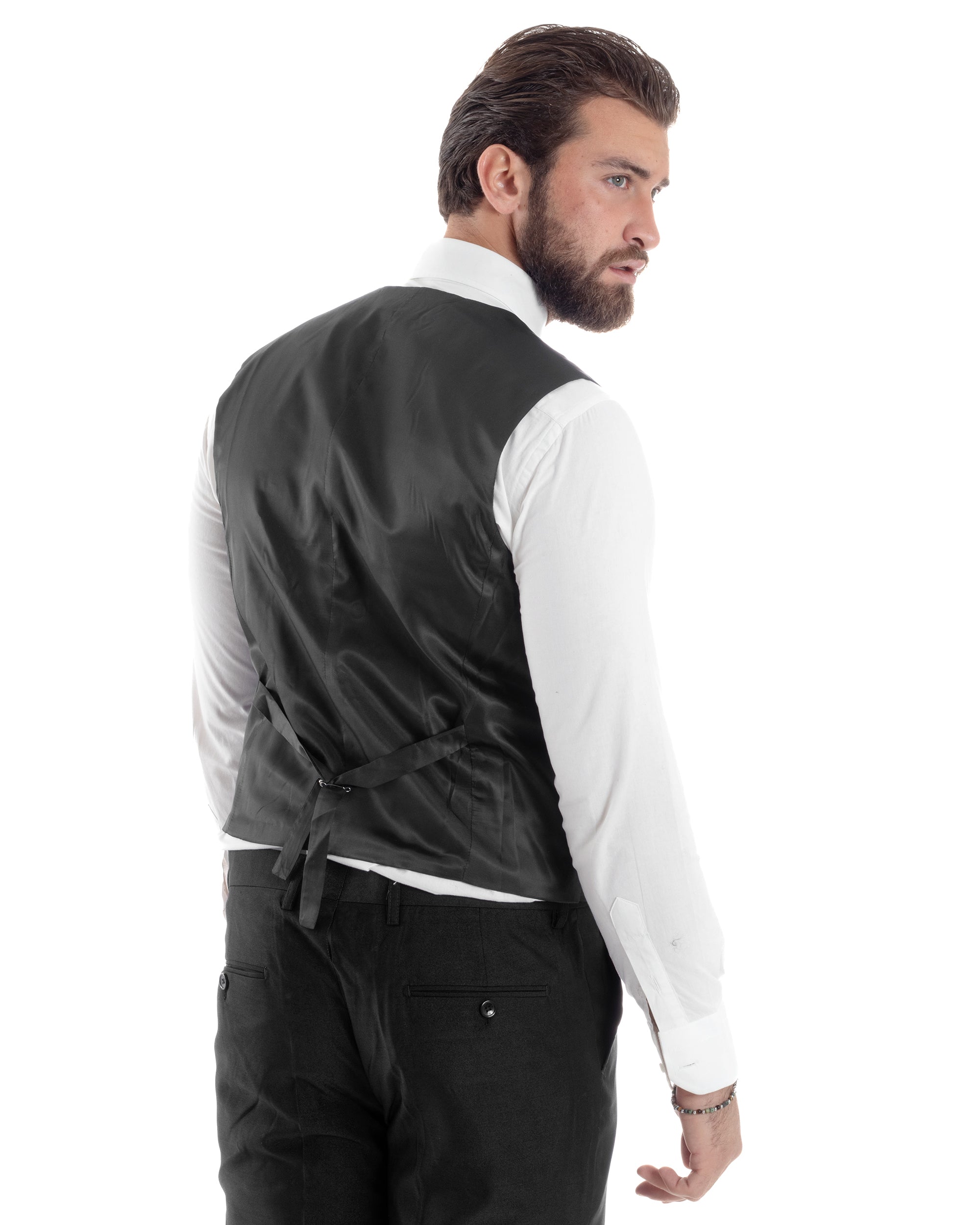 Abito Uomo Monopetto Damascato Vestito 3 Pezzi Completo Sposo Giacca Pantaloni Panciotto Plastron Cerimonia Elegante Sartoriale Nero GIOSAL-AE1130A