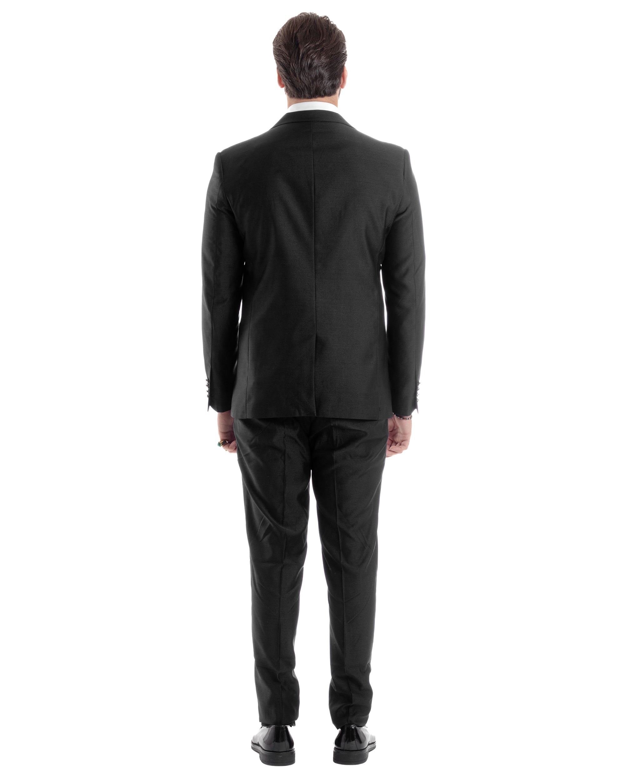 Abito Uomo Monopetto Damascato Vestito 3 Pezzi Completo Sposo Giacca Pantaloni Panciotto Plastron Cerimonia Elegante Sartoriale Nero GIOSAL-AE1130A