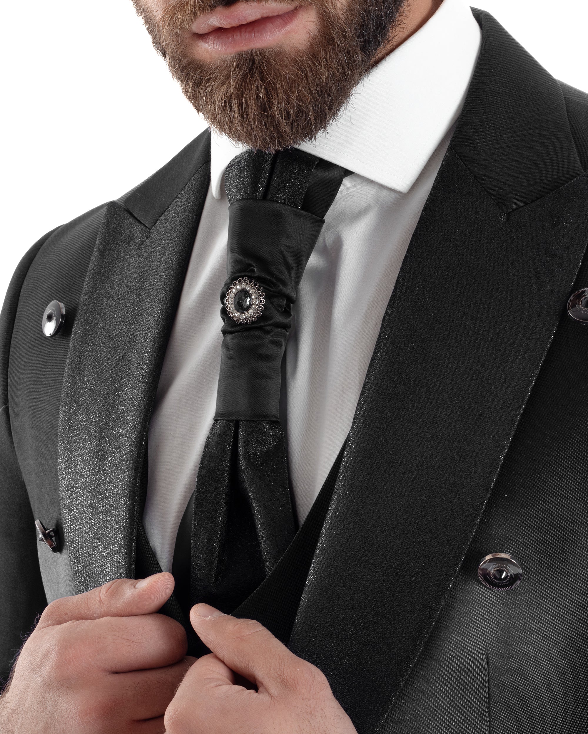 Abito Uomo Monopetto Damascato Vestito 3 Pezzi Completo Sposo Giacca Pantaloni Panciotto Plastron Cerimonia Elegante Sartoriale Nero GIOSAL-AE1130A