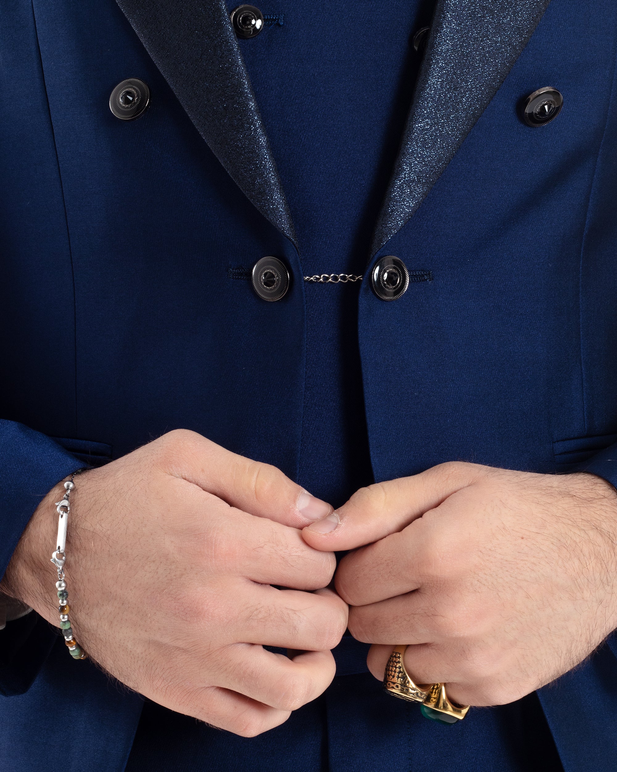 Abito Uomo Monopetto Damascato Vestito 3 Pezzi Completo Sposo Giacca Pantaloni Panciotto Plastron Cerimonia Elegante Sartoriale Blu GIOSAL-AE1131A