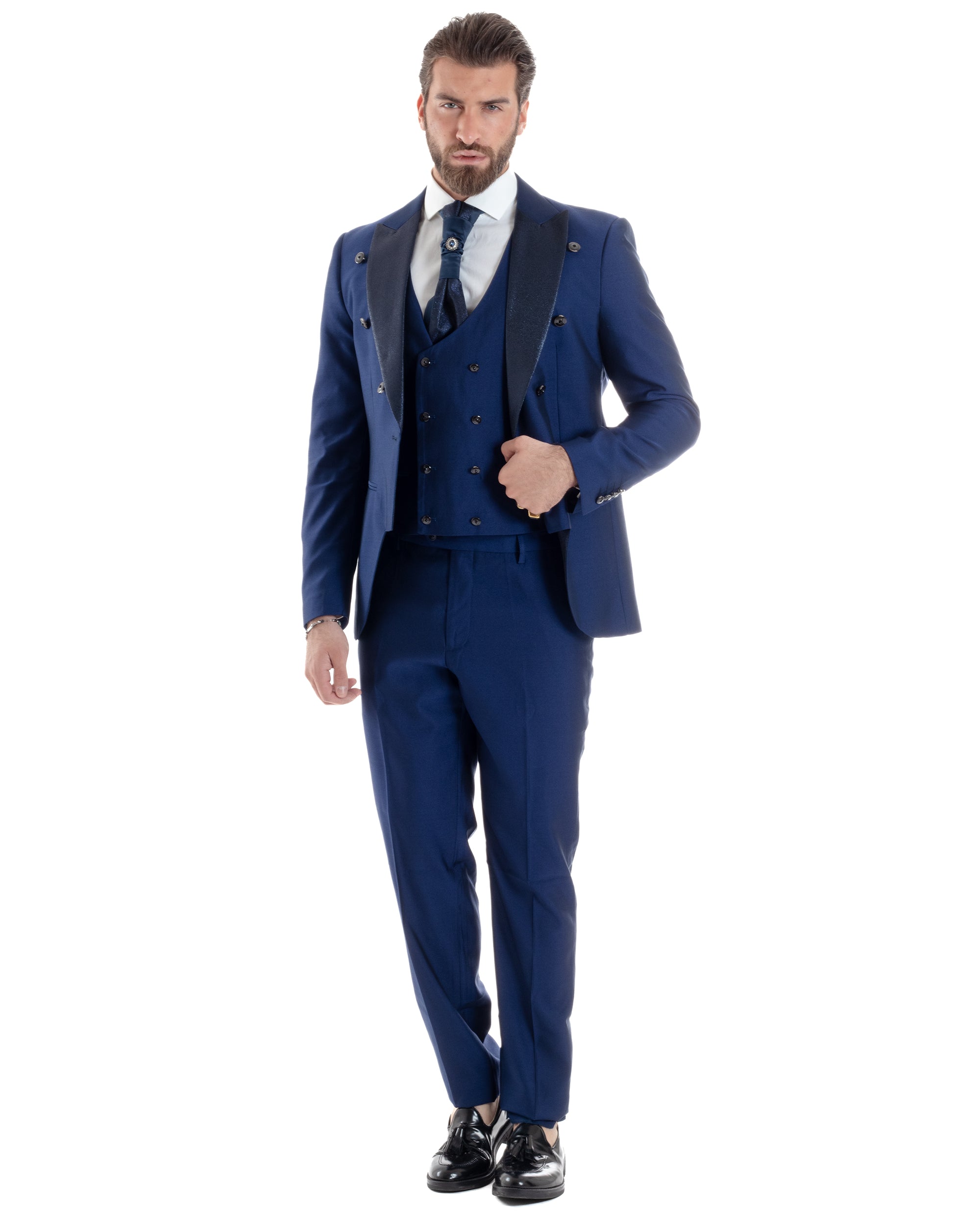 Abito Uomo Monopetto Damascato Vestito 3 Pezzi Completo Sposo Giacca Pantaloni Panciotto Plastron Cerimonia Elegante Sartoriale Blu GIOSAL-AE1131A