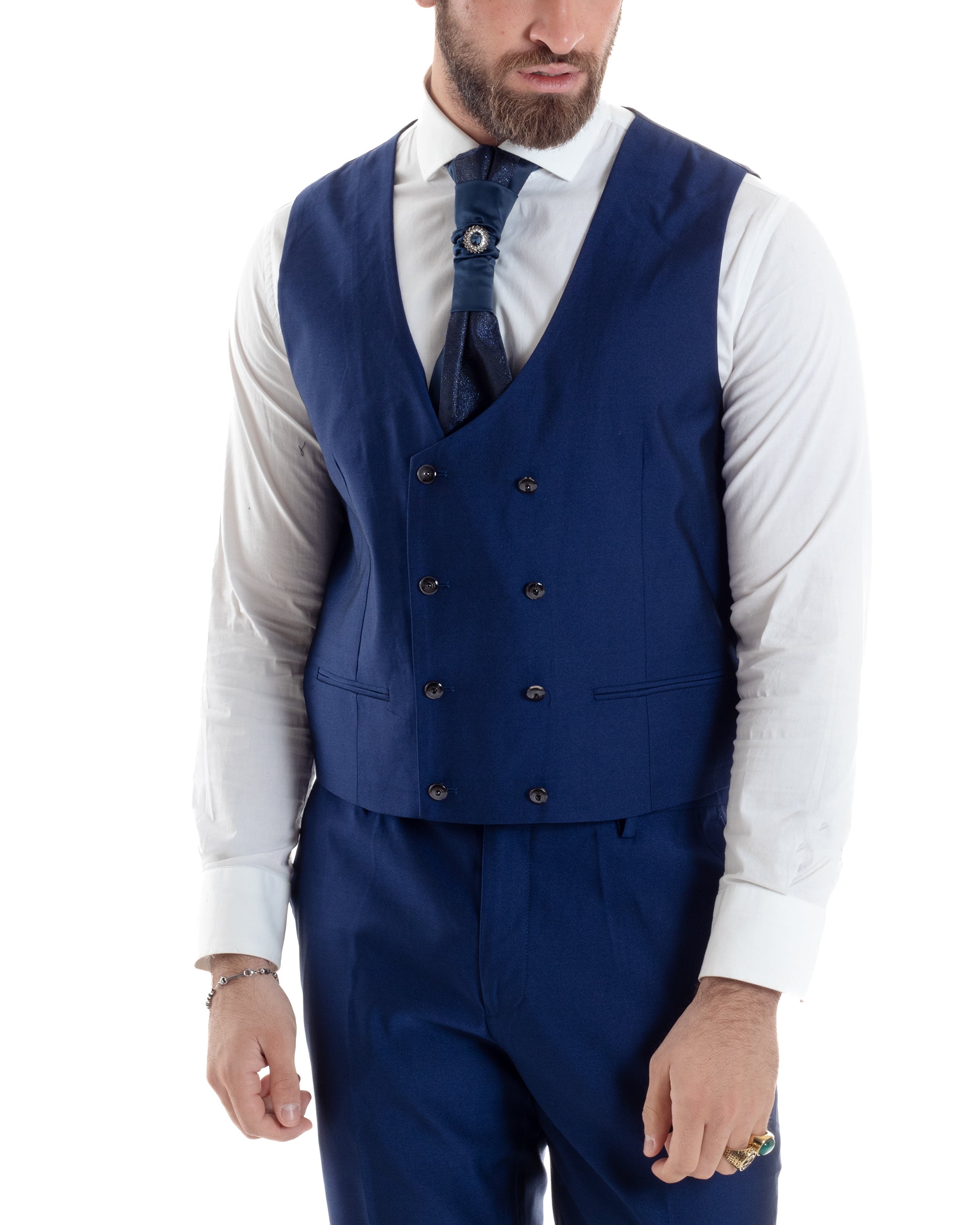 Abito Uomo Monopetto Damascato Vestito 3 Pezzi Completo Sposo Giacca Pantaloni Panciotto Plastron Cerimonia Elegante Sartoriale Blu GIOSAL-AE1131A