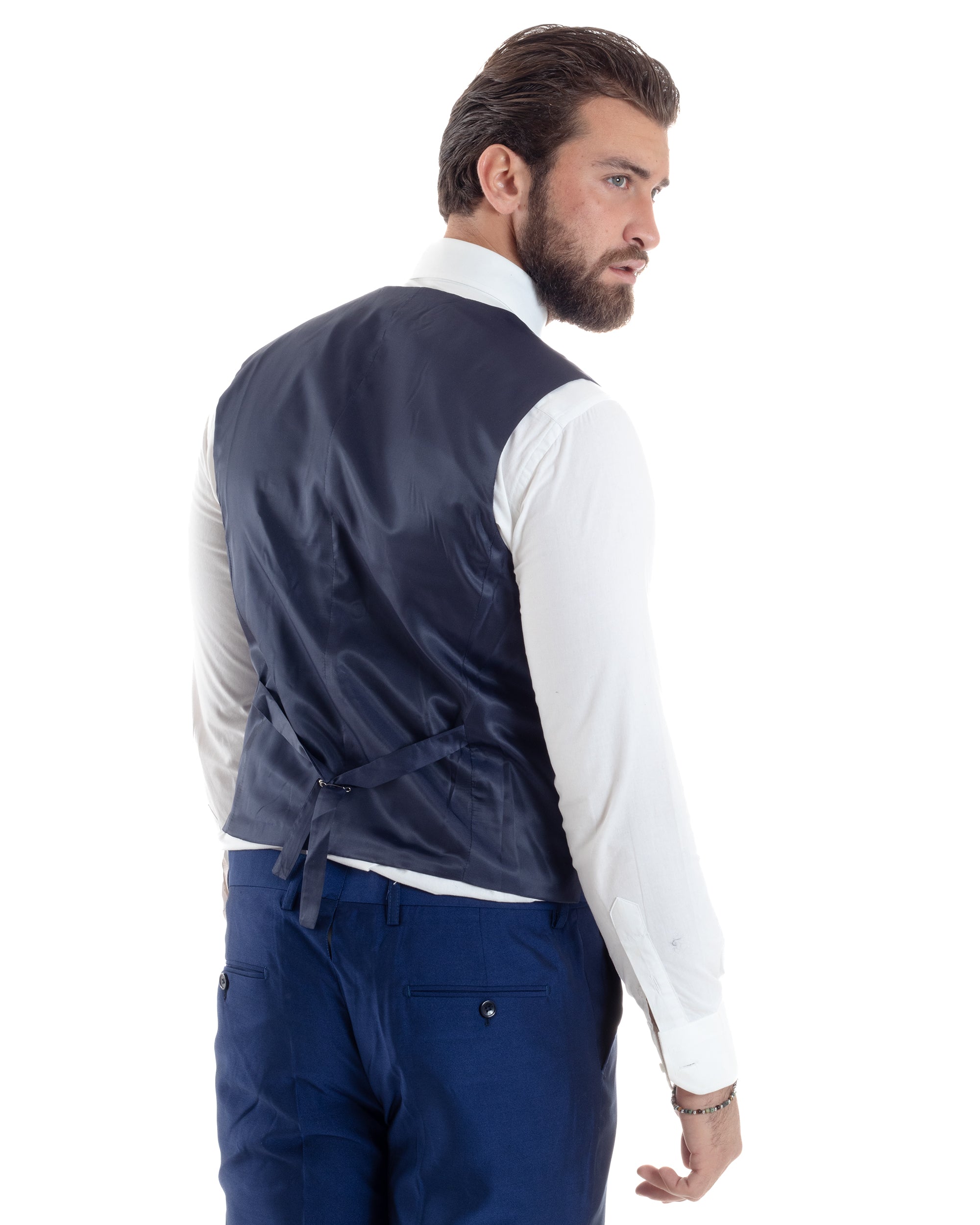 Abito Uomo Monopetto Damascato Vestito 3 Pezzi Completo Sposo Giacca Pantaloni Panciotto Plastron Cerimonia Elegante Sartoriale Blu GIOSAL-AE1131A