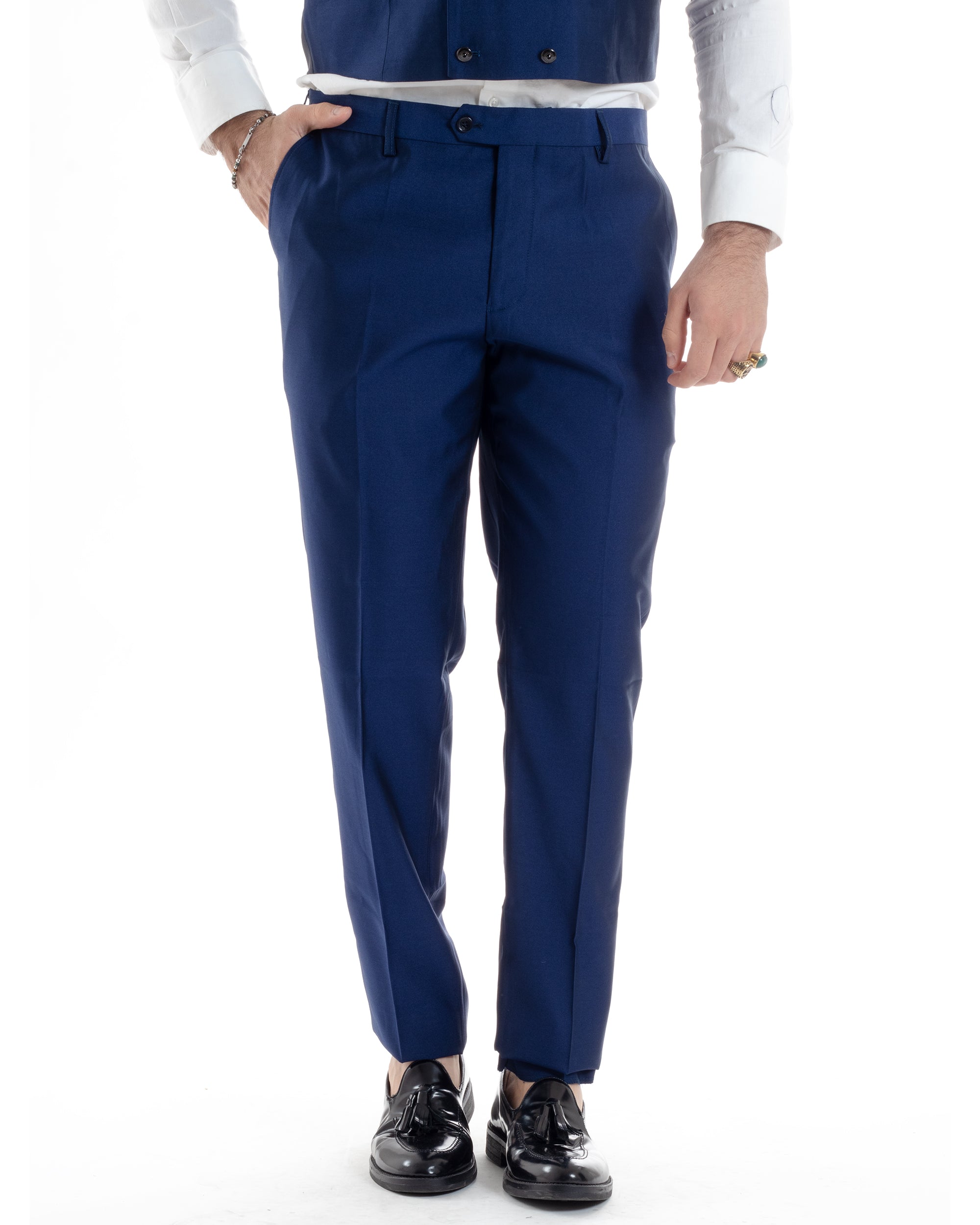 Abito Uomo Monopetto Damascato Vestito 3 Pezzi Completo Sposo Giacca Pantaloni Panciotto Plastron Cerimonia Elegante Sartoriale Blu GIOSAL-AE1131A