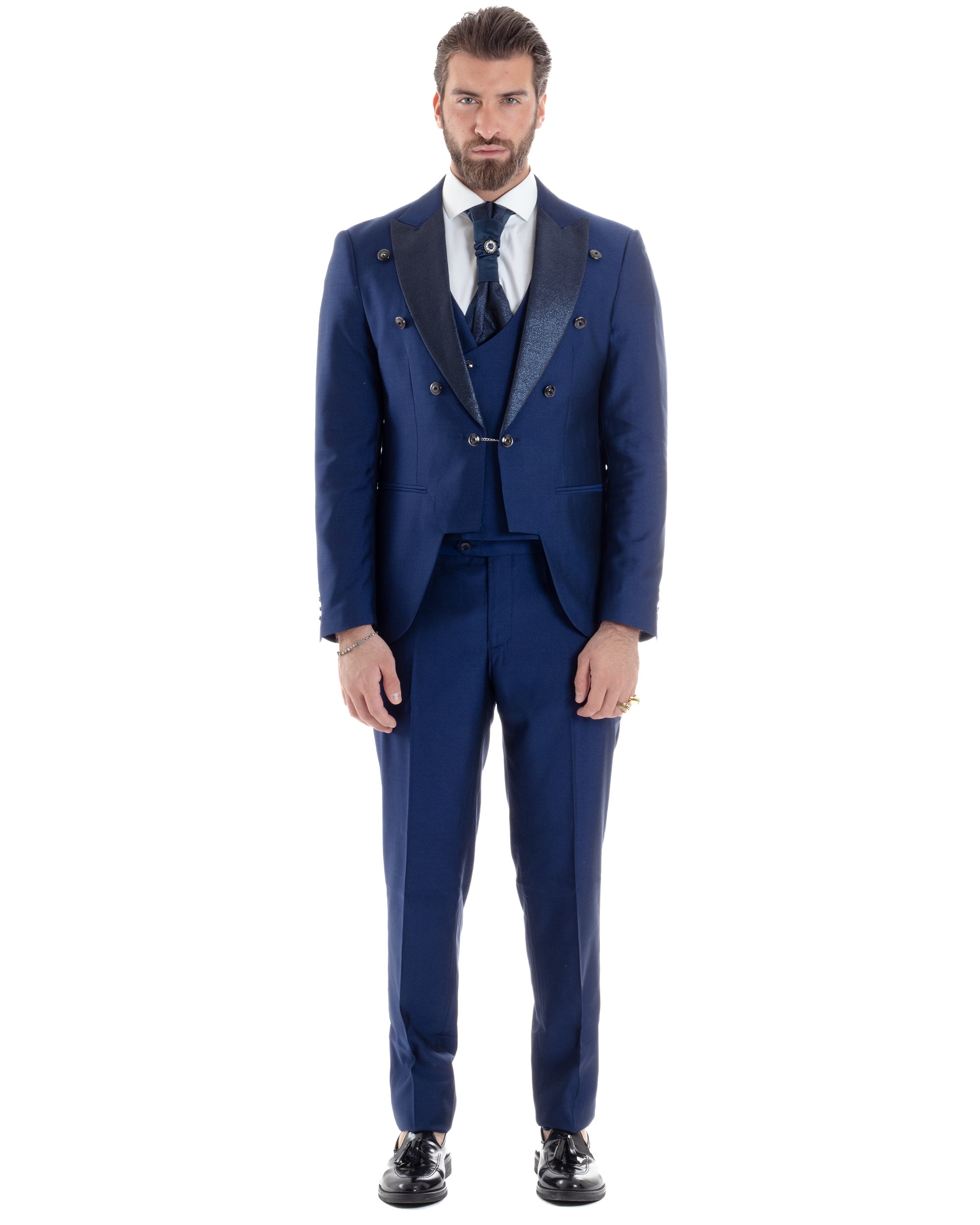 Abito Uomo Monopetto Damascato Vestito 3 Pezzi Completo Sposo Giacca Pantaloni Panciotto Plastron Cerimonia Elegante Sartoriale Blu GIOSAL-AE1131A
