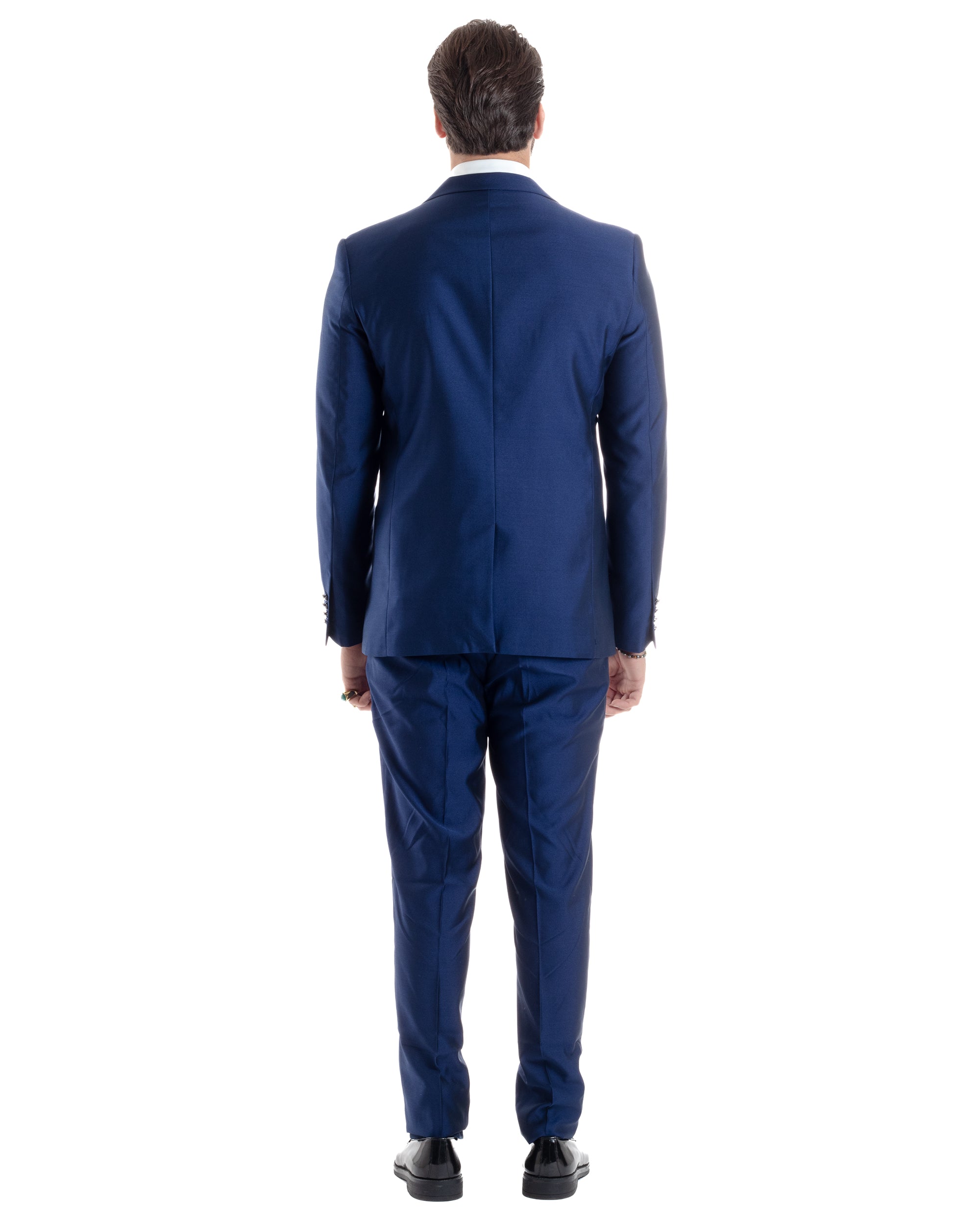 Abito Uomo Monopetto Damascato Vestito 3 Pezzi Completo Sposo Giacca Pantaloni Panciotto Plastron Cerimonia Elegante Sartoriale Blu GIOSAL-AE1131A