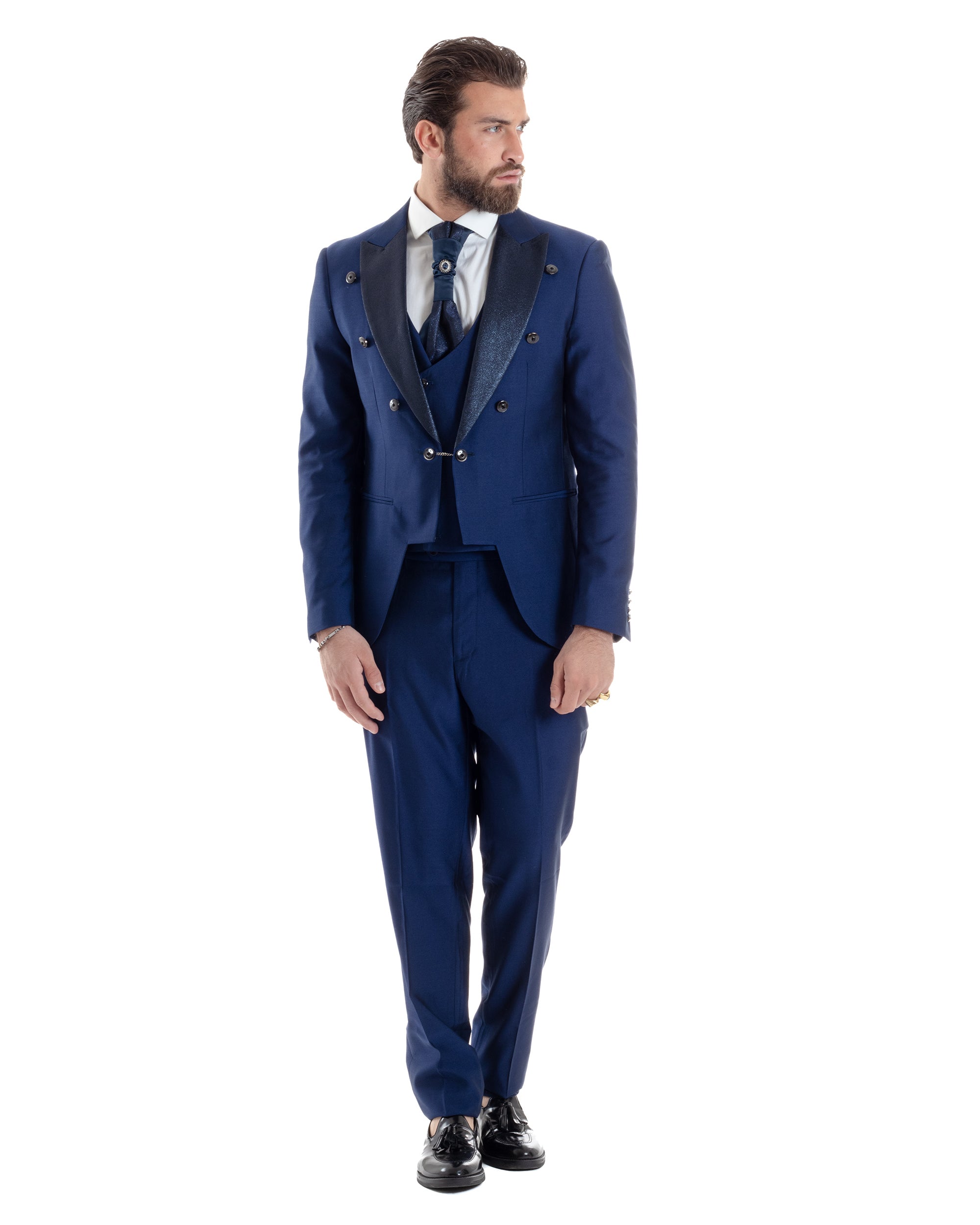 Abito Uomo Monopetto Damascato Vestito 3 Pezzi Completo Sposo Giacca Pantaloni Panciotto Plastron Cerimonia Elegante Sartoriale Blu GIOSAL-AE1131A