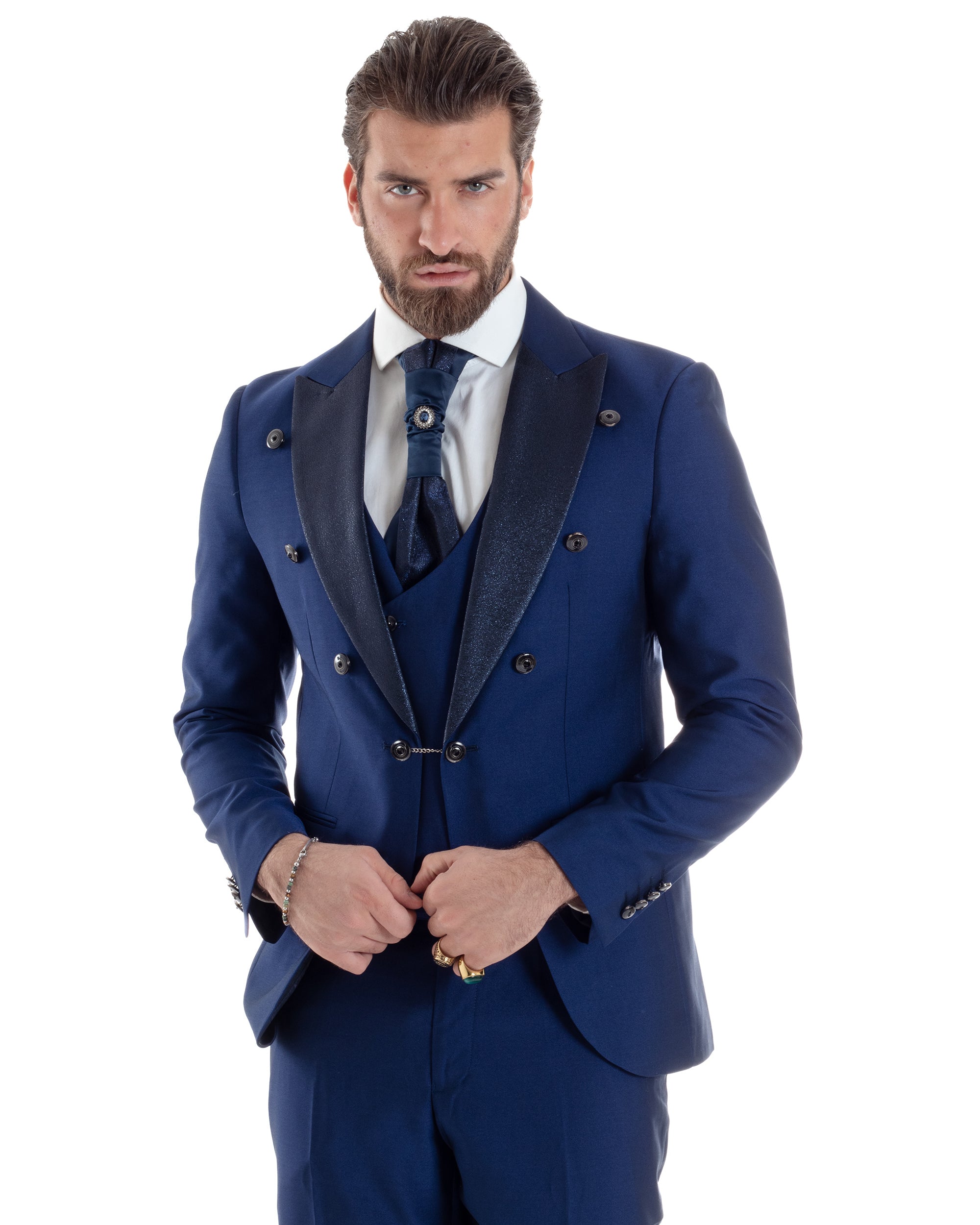 Abito Uomo Monopetto Damascato Vestito 3 Pezzi Completo Sposo Giacca Pantaloni Panciotto Plastron Cerimonia Elegante Sartoriale Blu GIOSAL-AE1131A
