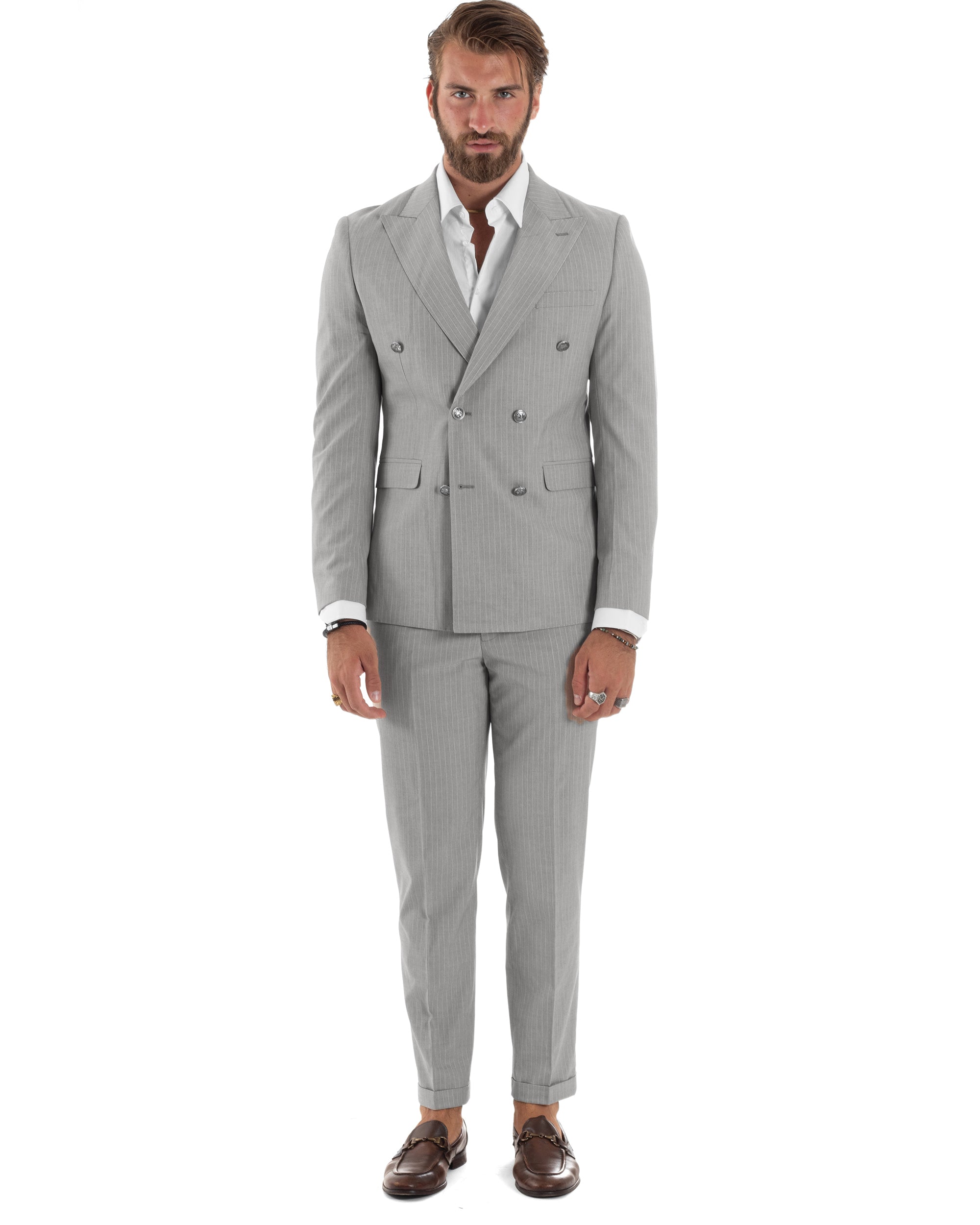 Abito Uomo Doppiopetto Vestito Completo Rigato Giacca Pantaloni Bottoni Metallo Fantasia Gessata Grigio AE1132A