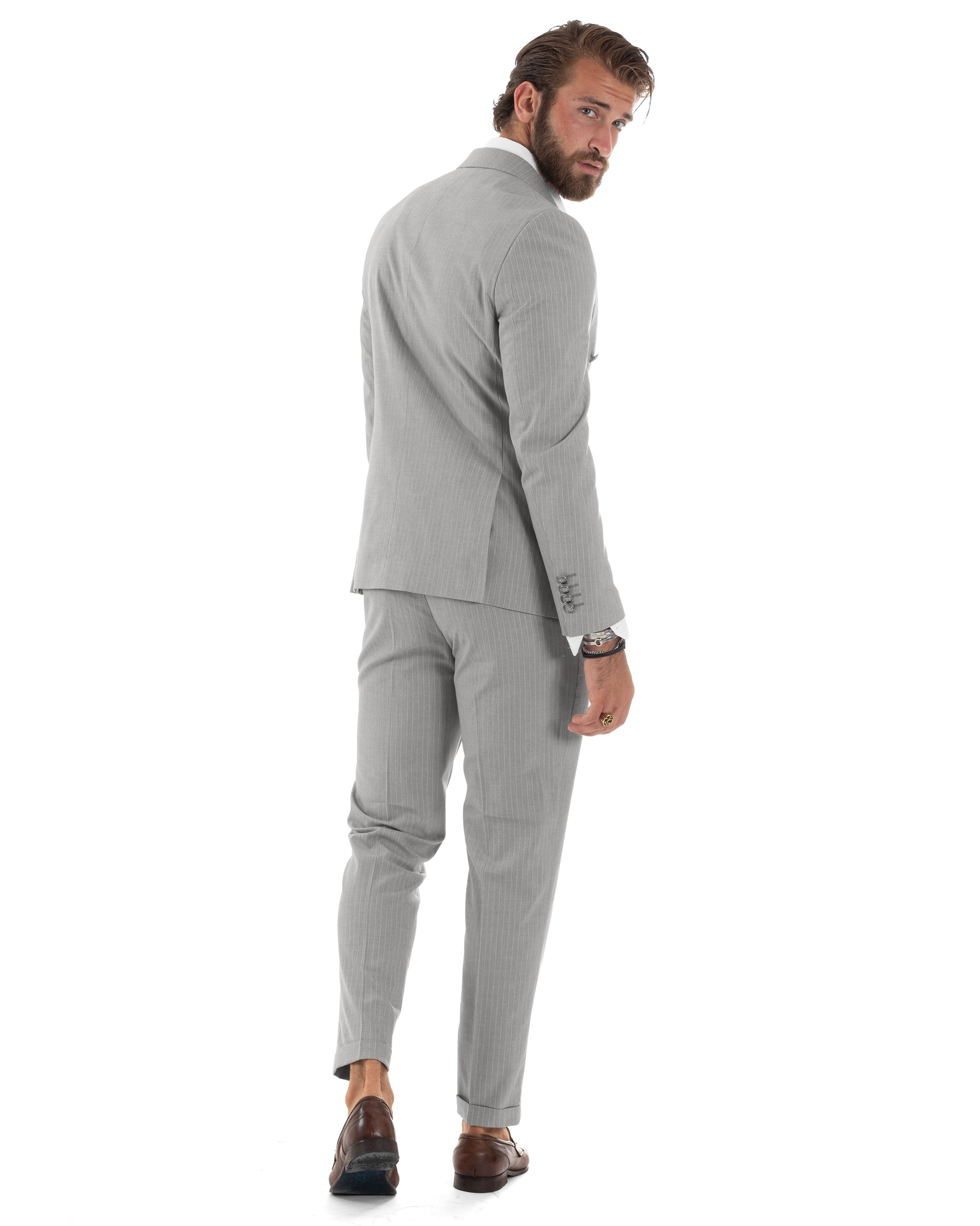 Abito Uomo Doppiopetto Vestito Completo Rigato Elegante Sartoriale Giacca Pantaloni Bottoni Metallo Fantasia Gessata Grigio GIOSAL-AE1132A