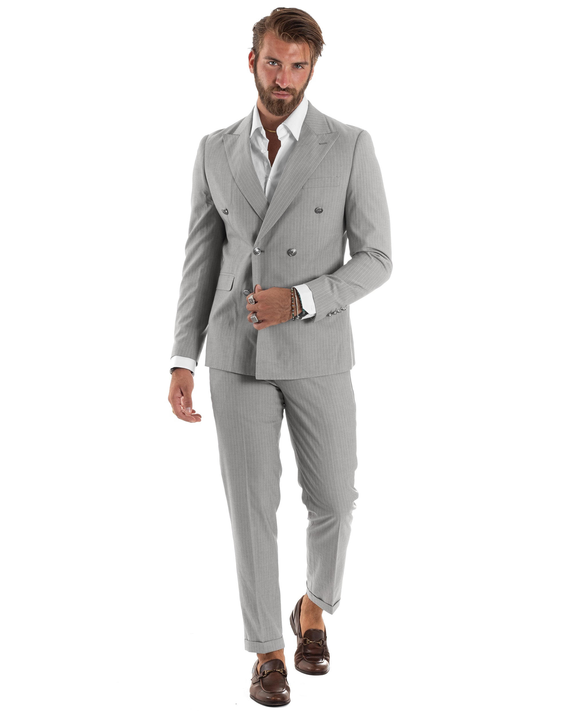 Abito Uomo Doppiopetto Vestito Completo Rigato Elegante Sartoriale Giacca Pantaloni Bottoni Metallo Fantasia Gessata Grigio GIOSAL-AE1132A