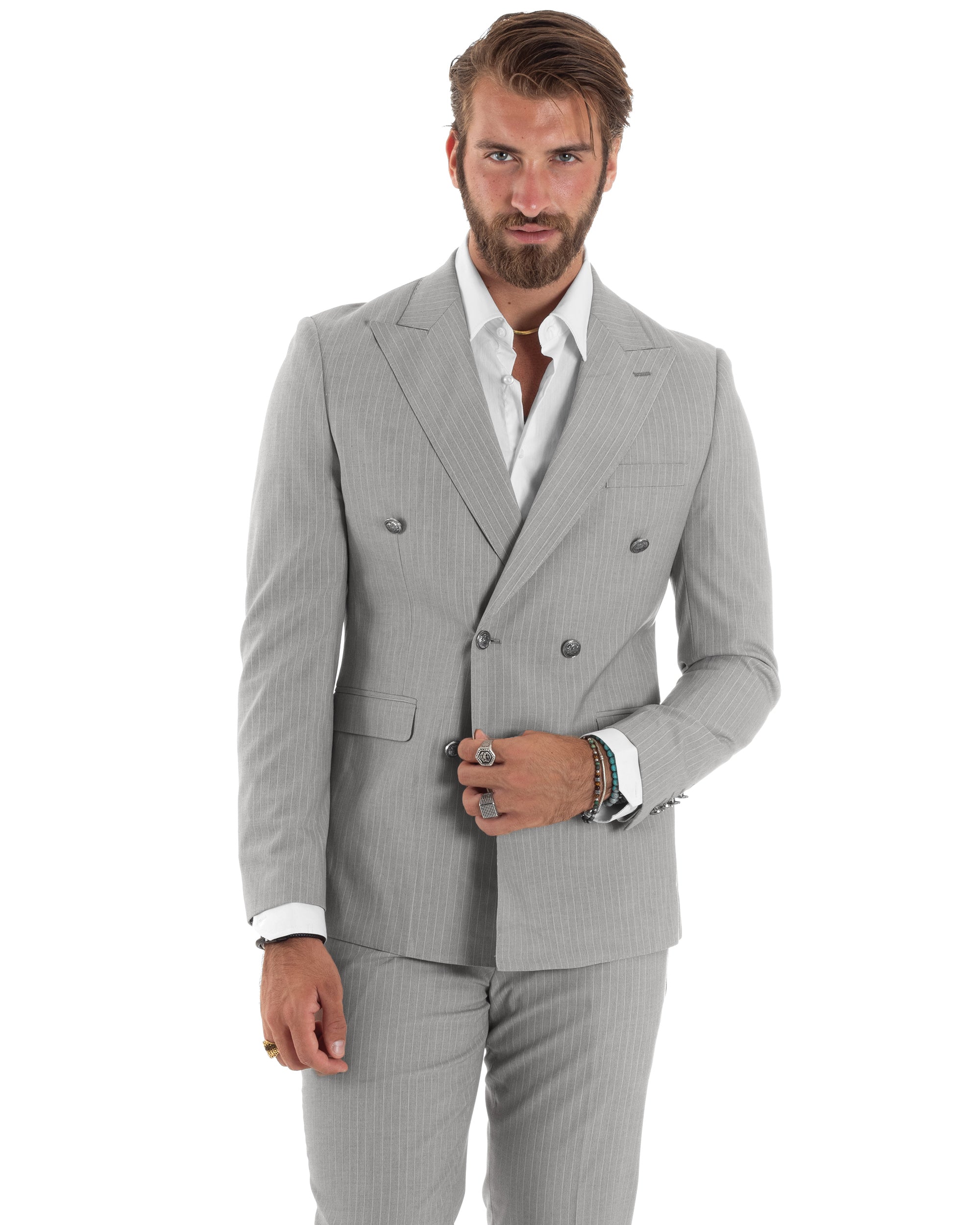 Abito Uomo Doppiopetto Vestito Completo Rigato Elegante Sartoriale Giacca Pantaloni Bottoni Metallo Fantasia Gessata Grigio GIOSAL-AE1132A
