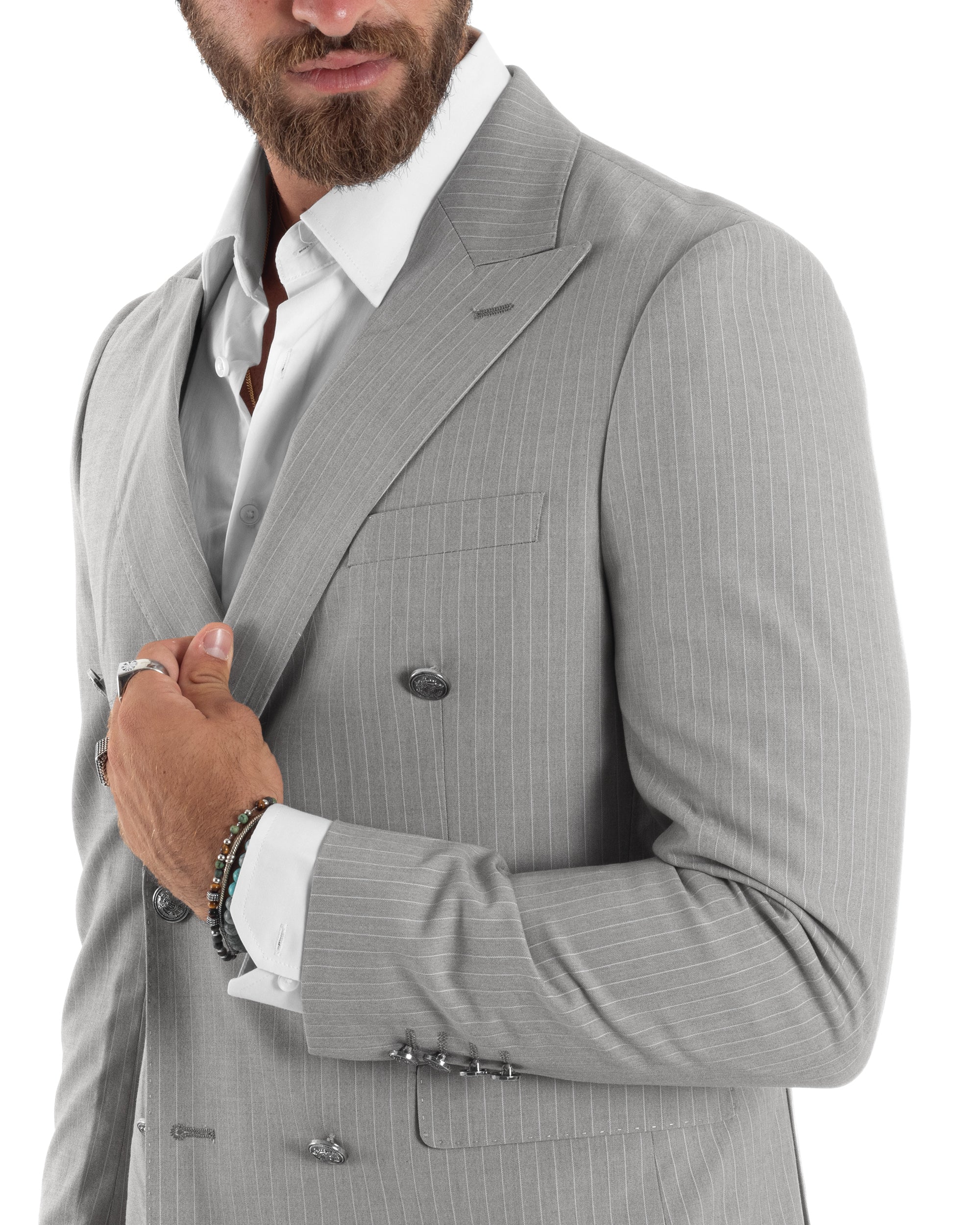 Abito Uomo Doppiopetto Vestito Completo Rigato Giacca Pantaloni Bottoni Metallo Fantasia Gessata Grigio AE1132A