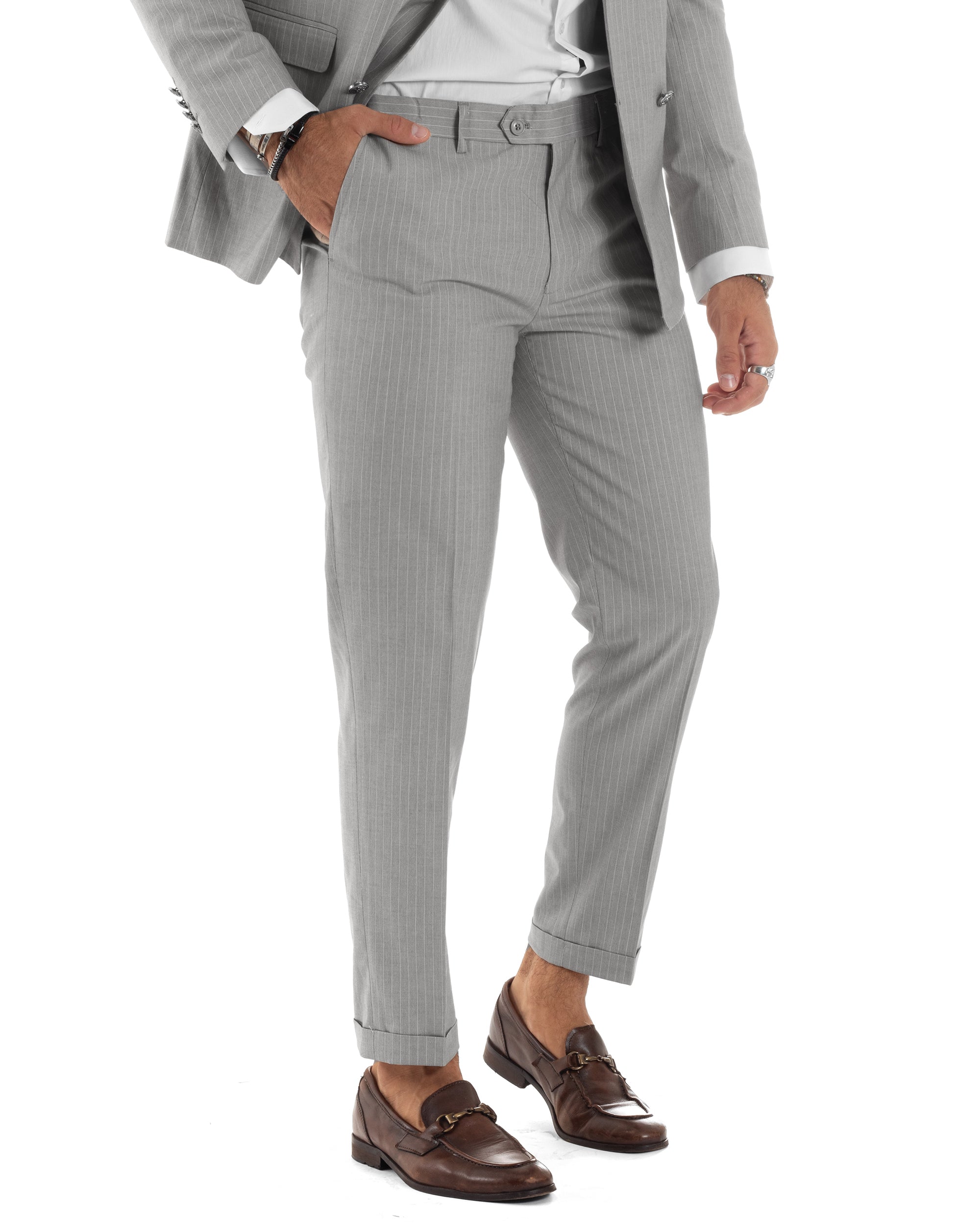 Abito Uomo Doppiopetto Vestito Completo Rigato Giacca Pantaloni Bottoni Metallo Fantasia Gessata Grigio AE1132A