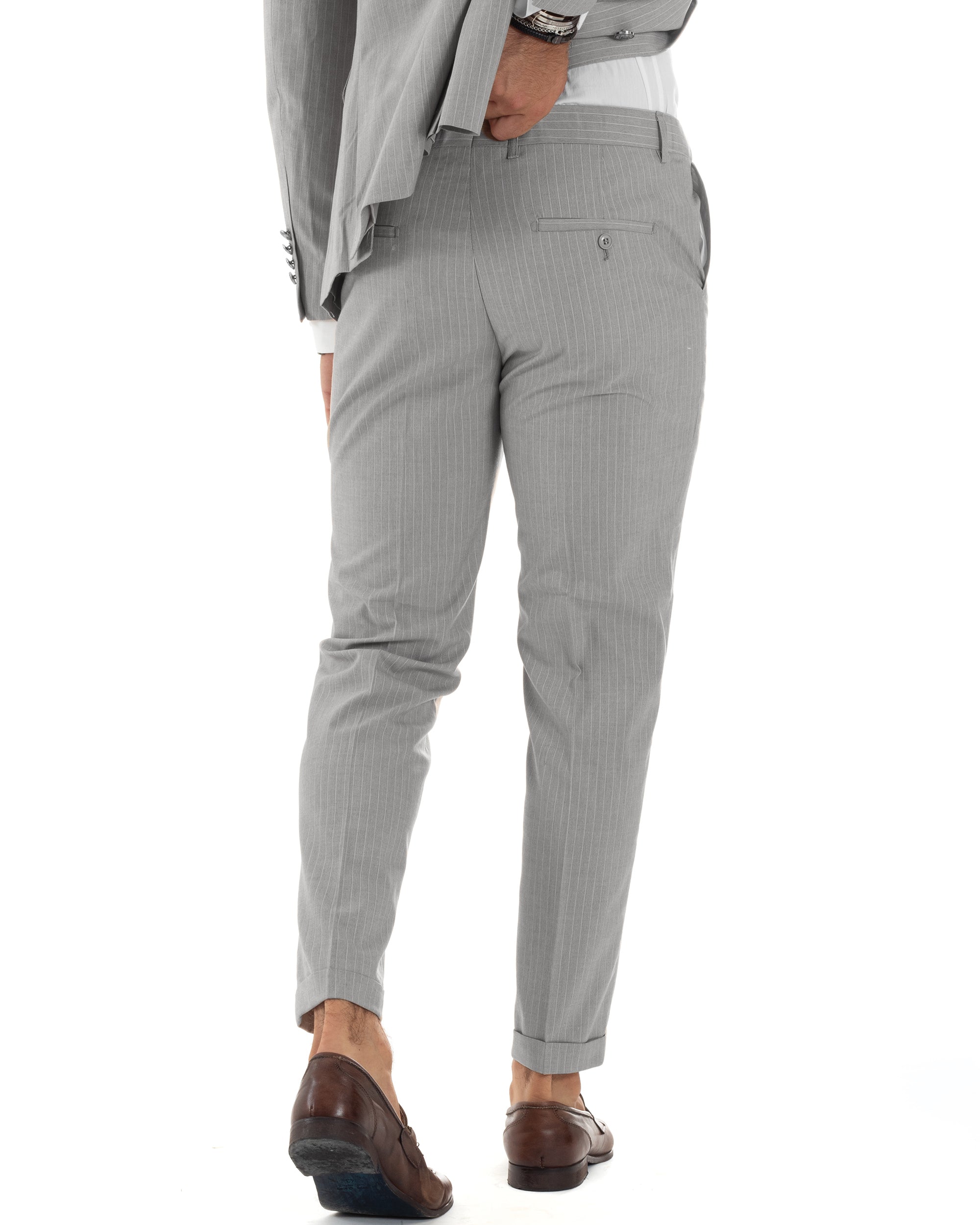 Abito Uomo Doppiopetto Vestito Completo Rigato Elegante Sartoriale Giacca Pantaloni Bottoni Metallo Fantasia Gessata Grigio GIOSAL-AE1132A