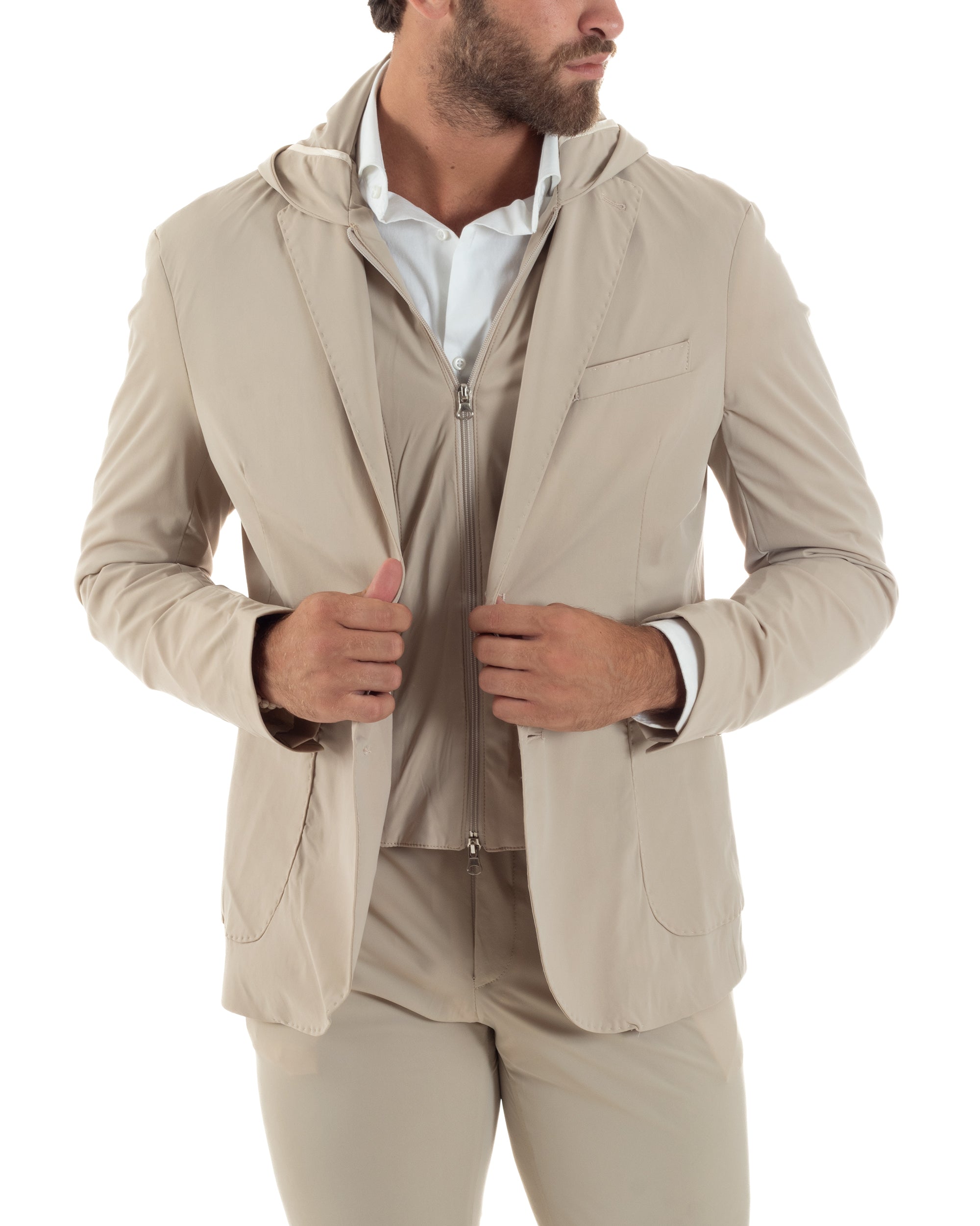 Abito Uomo Monopetto Completo Antivento Con Cappuccio E Pettorina Removibile Vestito No Stiro Giacca Pantaloni Casual Elegante Beige GIOSAL-AE1134A